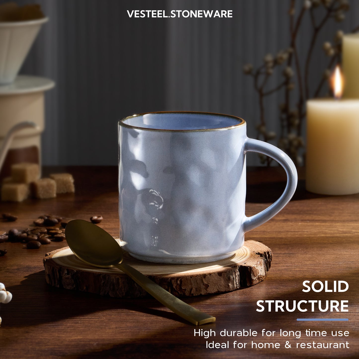 Vesteel Coffee Cups Set of 4, 14oz Ceramic Mugs Set with Handles, Porcelain Mug for Latte Tea Beer Hot Cocoa, Dishwasher & Microwave Safe, Uranus Blue
