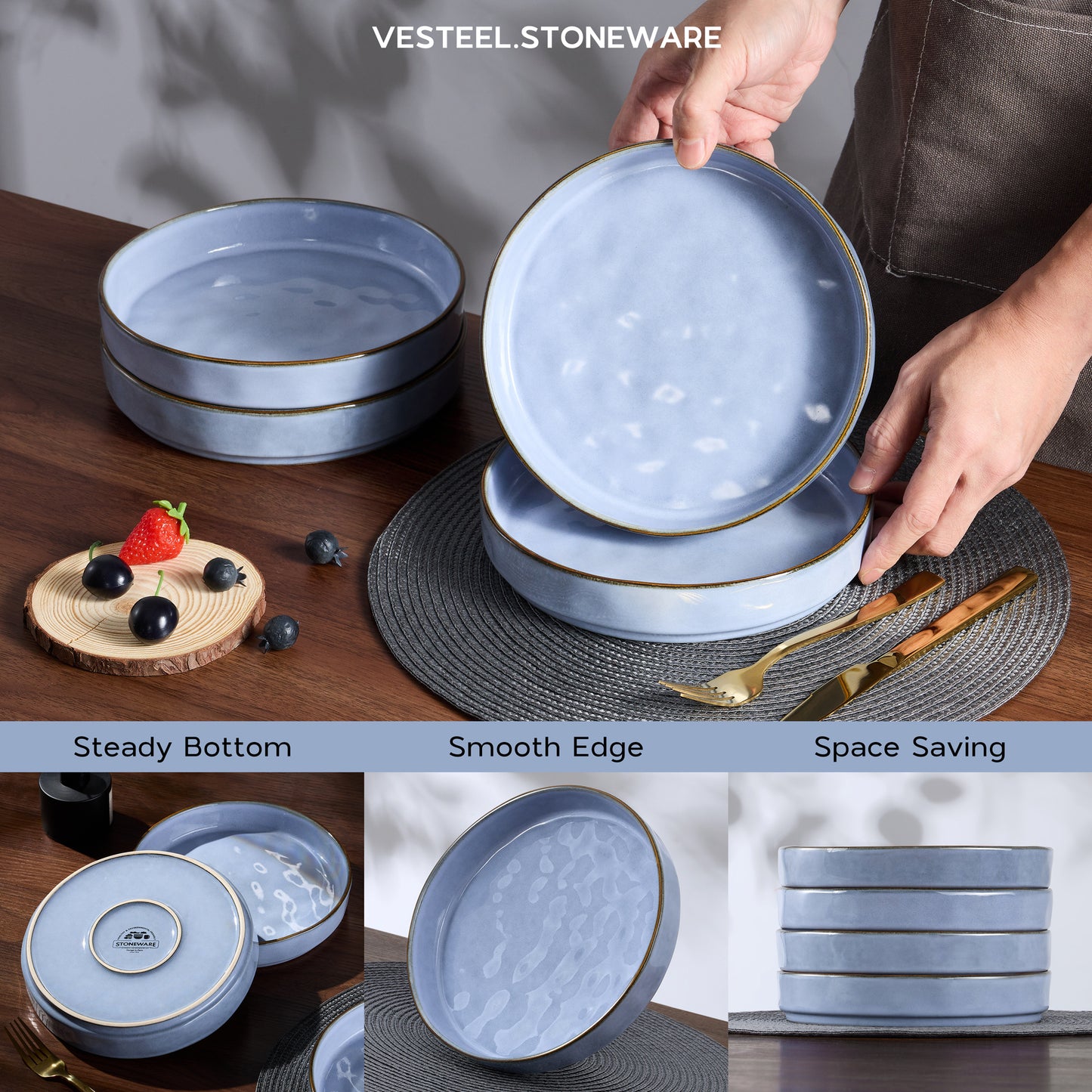 Vesteel Pasta Bowls Set of 4, 30oz Stoneware Salad Bowl, Large Dinner Bowls for Eating Serving Soup Noodle Pasta, Microwave & Dishwasher Safe, Uranus Blue