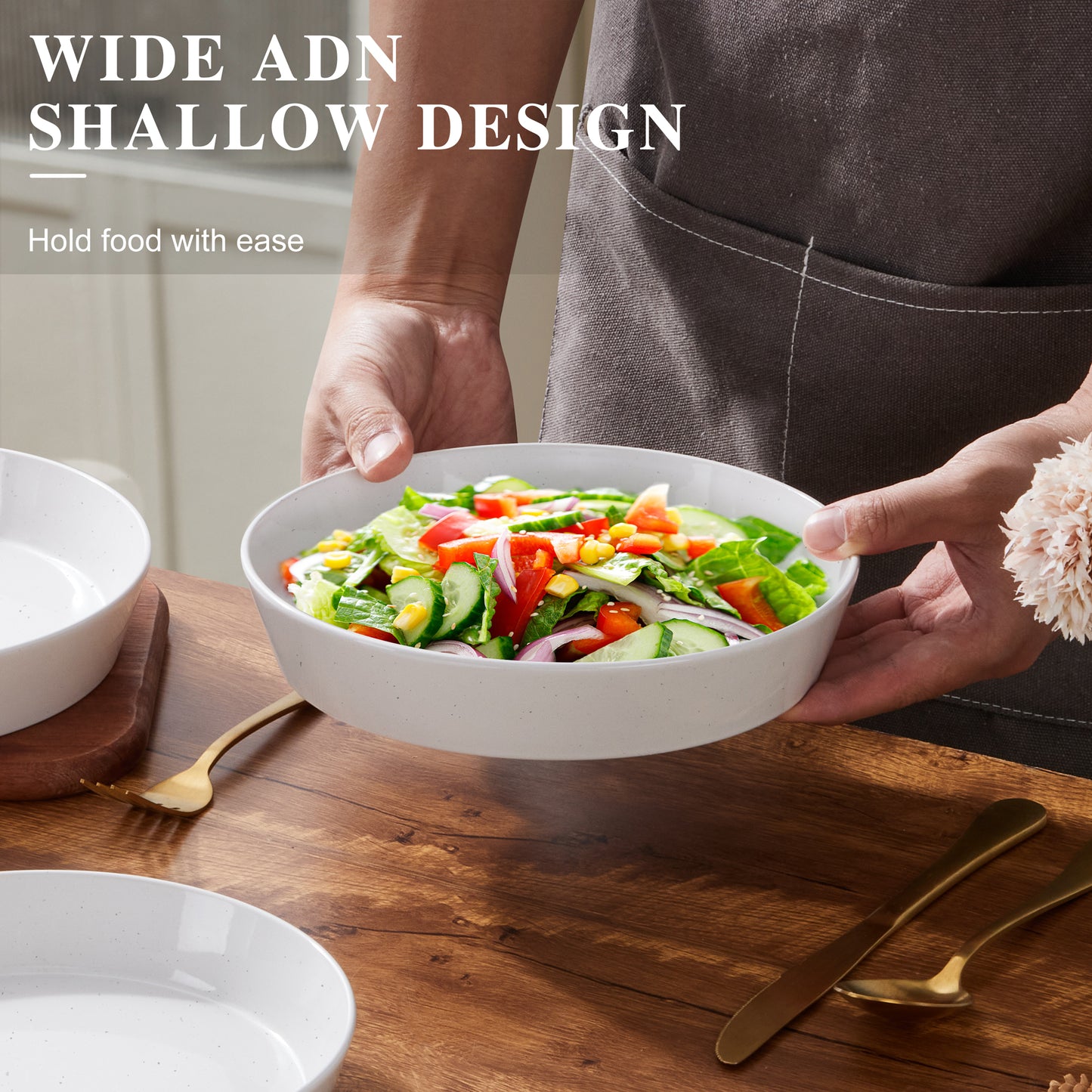 Vesteel Pasta Bowls Set of 4, 34oz Salad Plates for Home Kitchen, Stackable Large Wide Ceramic Bowls for Serving Dinner, Microwave & Dishwasher Safe, Speckled White
