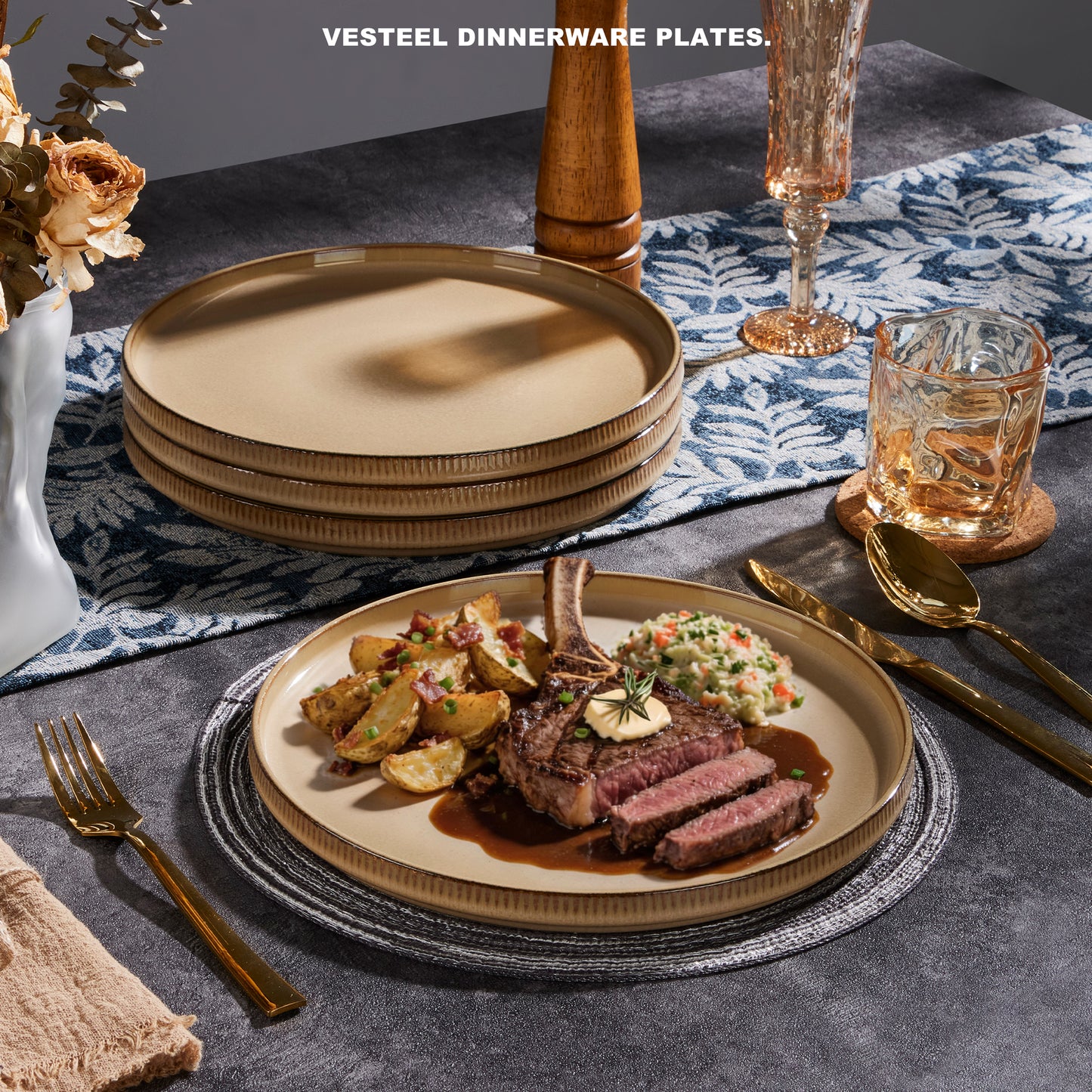 Vesteel 4 Pieces Dinner Plates Set, Premium Stoneware Ribbed Dishes, Chip & Scratch Resistant Ceramic Set for Home Restaurant, Microwave and Dishwasher Safe - Khaki