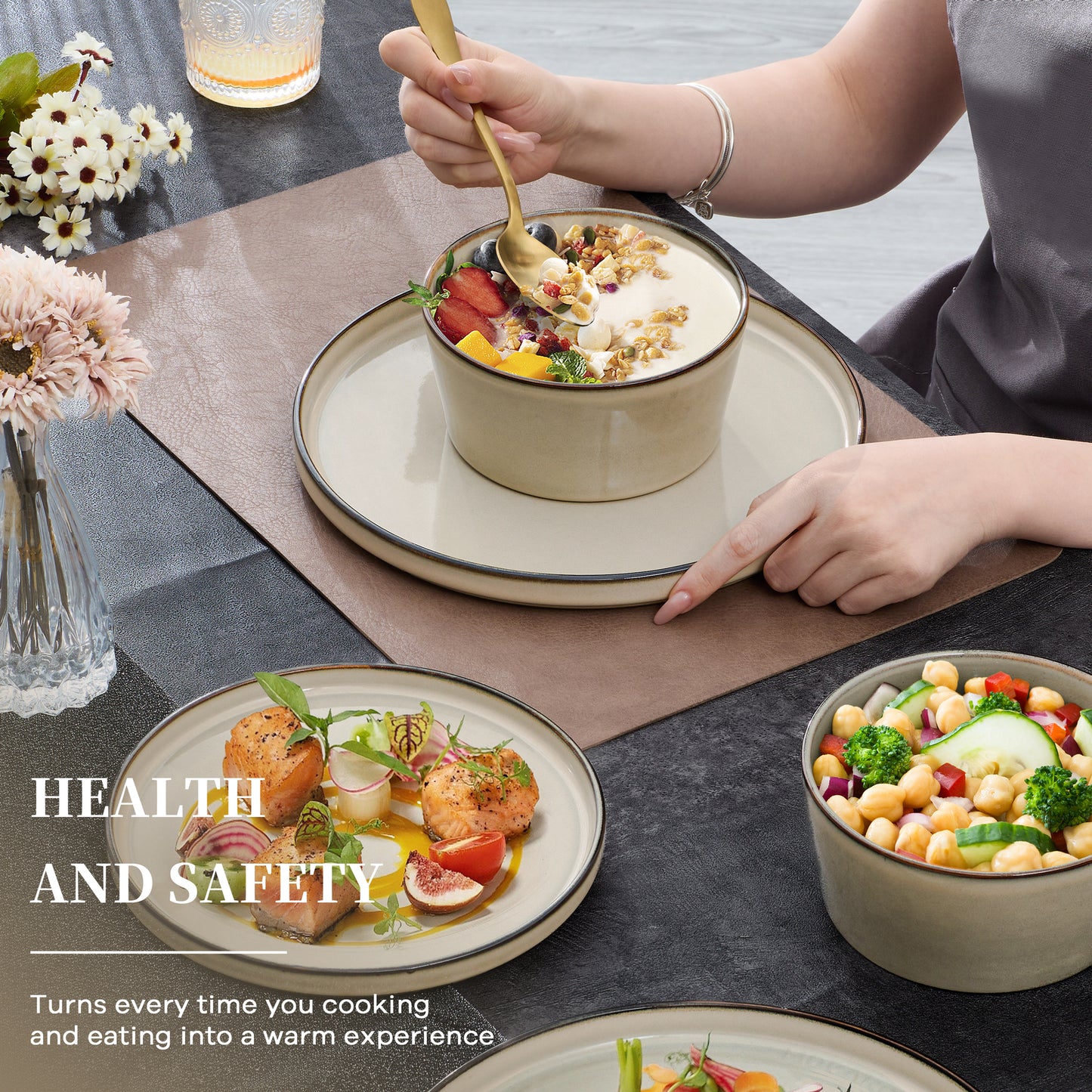 Vesteel Dinnerware Sets for 4, 12-Pieces Ceramic Plates and Bowls Sets, Handmade Reactive Glaze Dishes Set for Kitchen Dining, Dishwasher Safe, Khaki