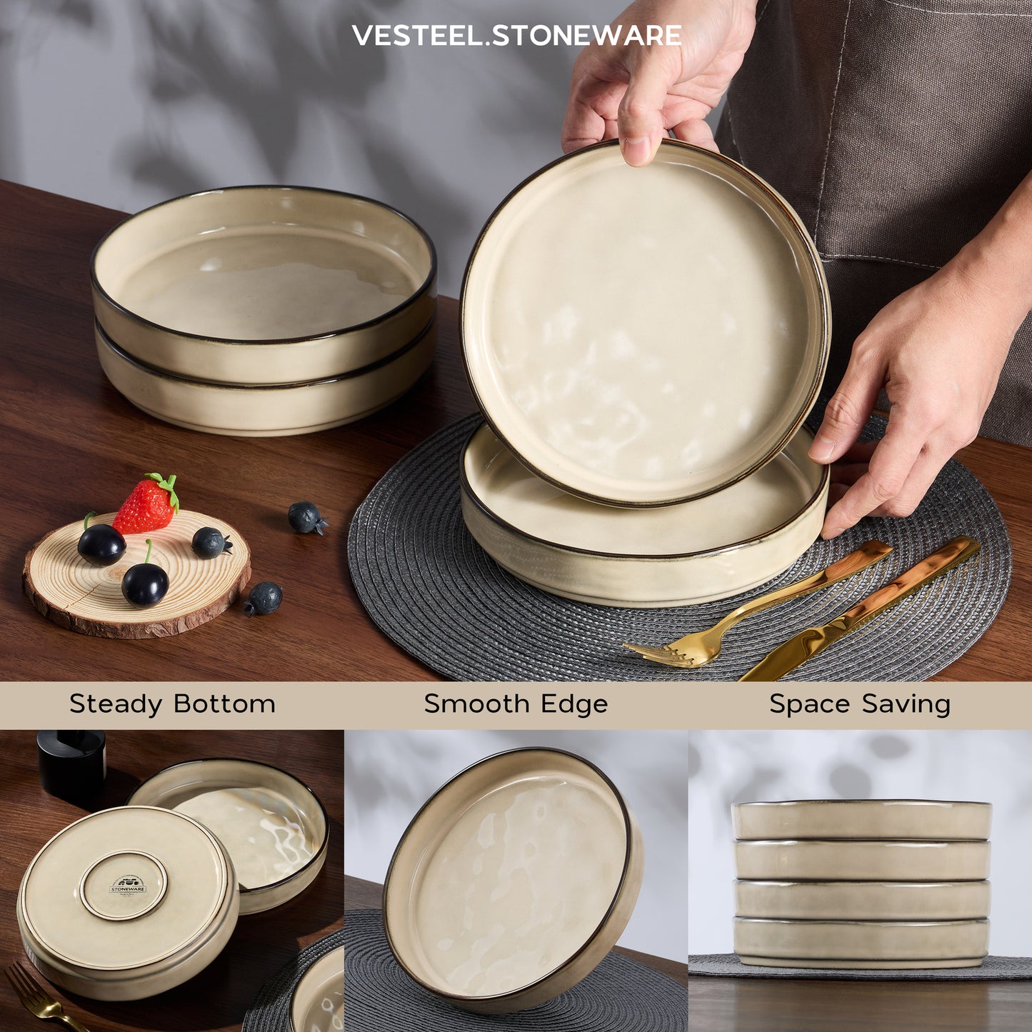 Vesteel Pasta Bowls Set of 4, 30oz Stoneware Salad Bowl, Large Dinner Bowls for Eating Serving Soup Noodle Pasta, Microwave & Dishwasher Safe, Khaki