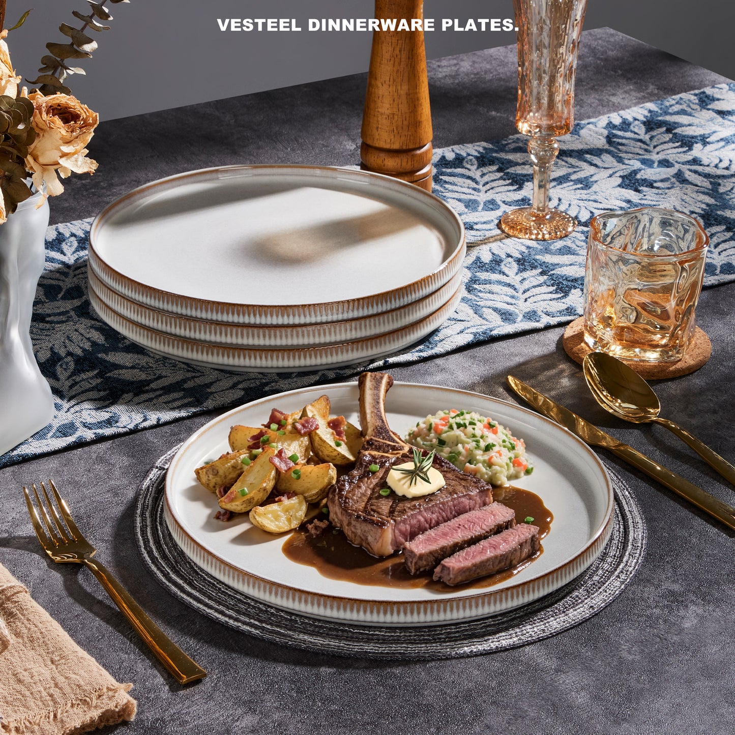 Vesteel 4 Pieces Dinner Plates Set, Premium Stoneware Ribbed Dishes, Chip & Scratch Resistant Ceramic Set for Home Restaurant, Microwave and Dishwasher Safe - Seashell White