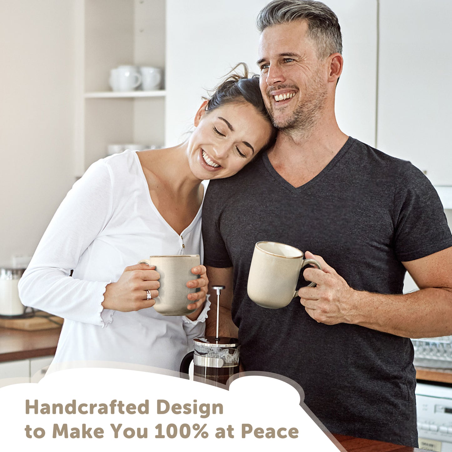Vesteel Coffee Mug Set of 4, Ceramic Coffee Cups with Handles, 14oz Handmade Reactive Glaze Mugs Set for Coffee Tea Milk, Mug Gifts for Thanksgiving Day Anniversary, Khaki