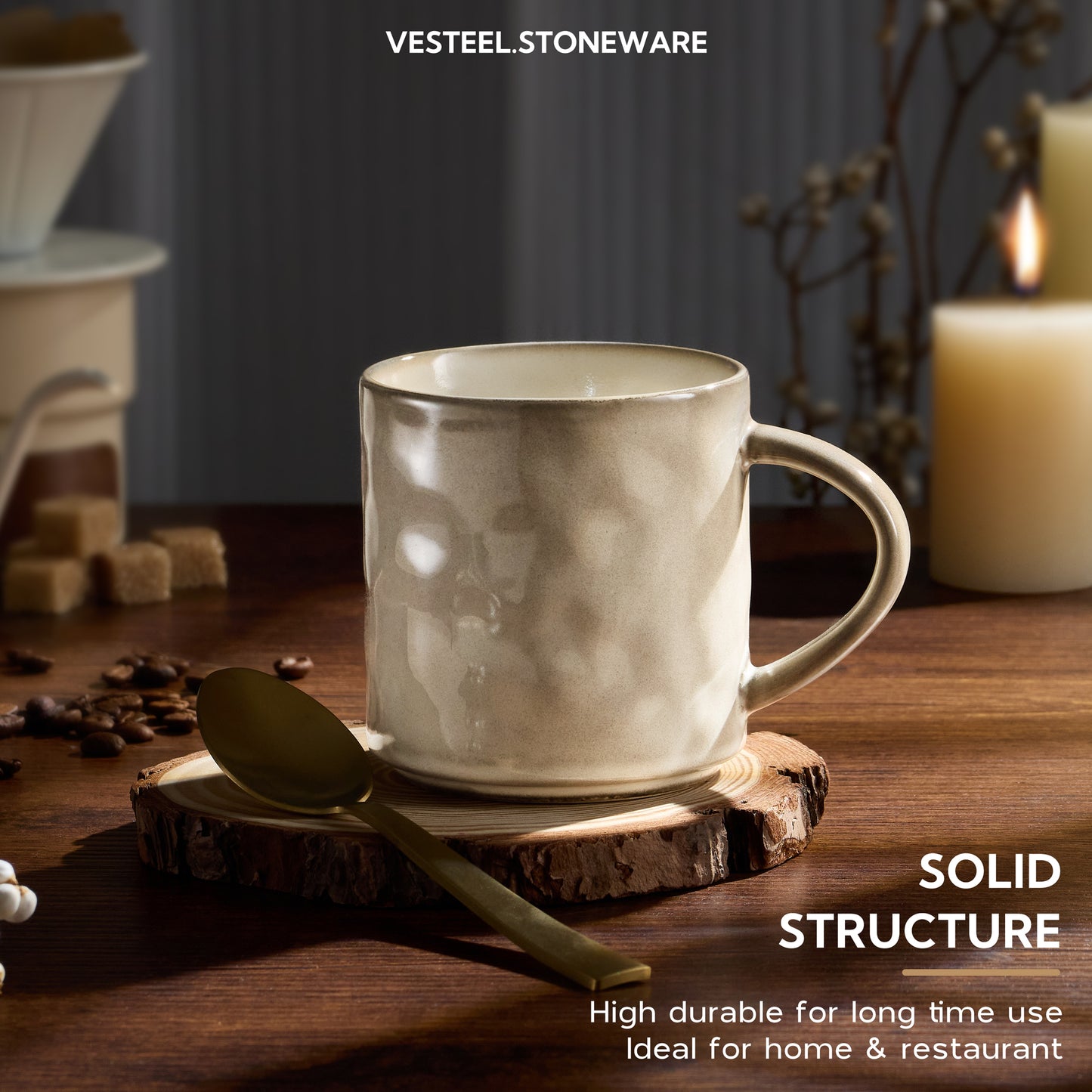 Vesteel Coffee Mug Set of 4, Ceramic Coffee Cups with Handles, 1oz Stoneware Mugs set for Coffee Tea Milk, Wave Design Mug Gifts for Home Office Restaurant, Khaki