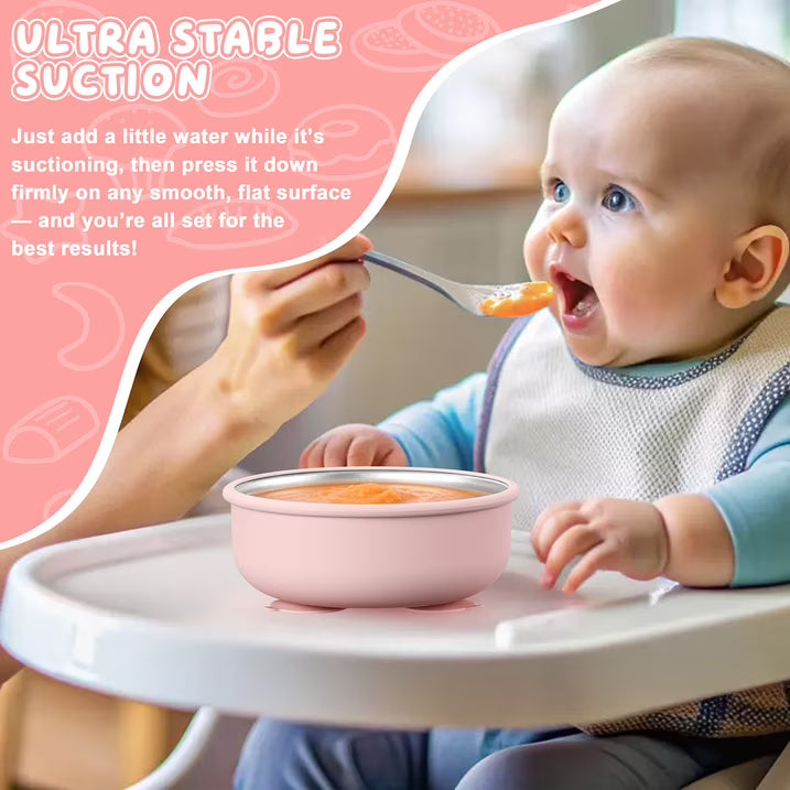 Vesteel Stainless Steel Kids Bowls with Suction, 3-Piece Suction Plates & Bowls for Toddlers, Removable Silicone Shell & Dishwasher Safe, Blue/Green/Pink