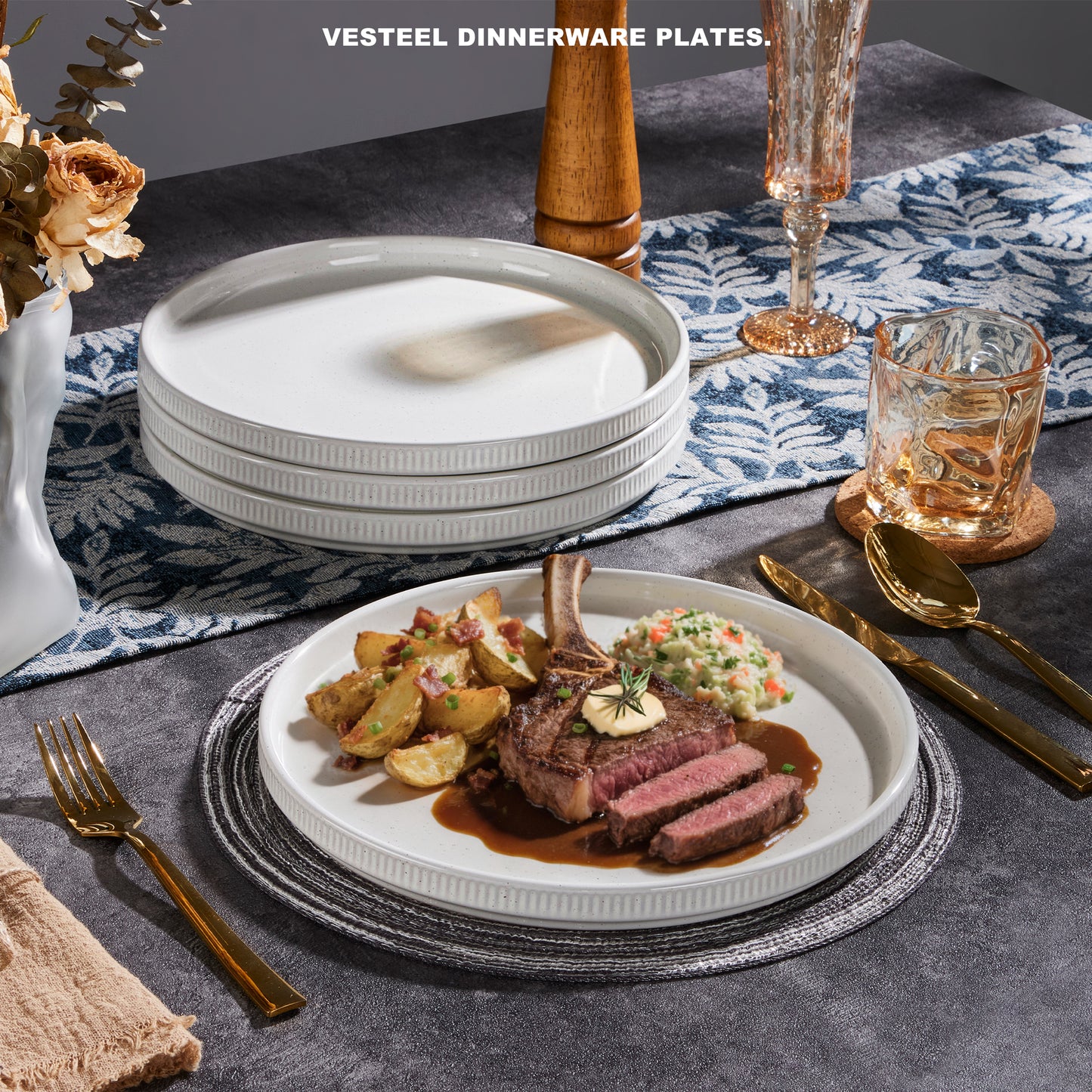 Vesteel 4 Pieces Dinner Plates Set, Premium Stoneware Ribbed Dishes, Chip & Scratch Resistant Ceramic Set for Home Restaurant, Microwave and Dishwasher Safe - Speckled White