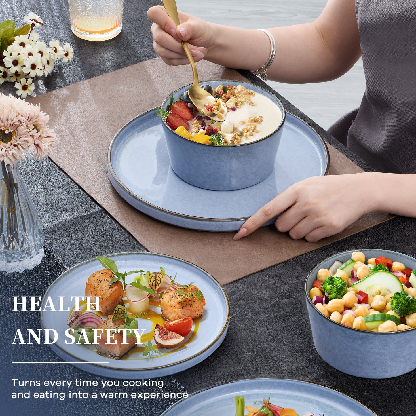 Vesteel 12Pcs Dinnerware Sets, Ceramic Plates and Bowls Sets for 4, Handmade Reactive Glaze Coupe Dishes Set for Kitchen Dining, Microwave, Uranus Blue