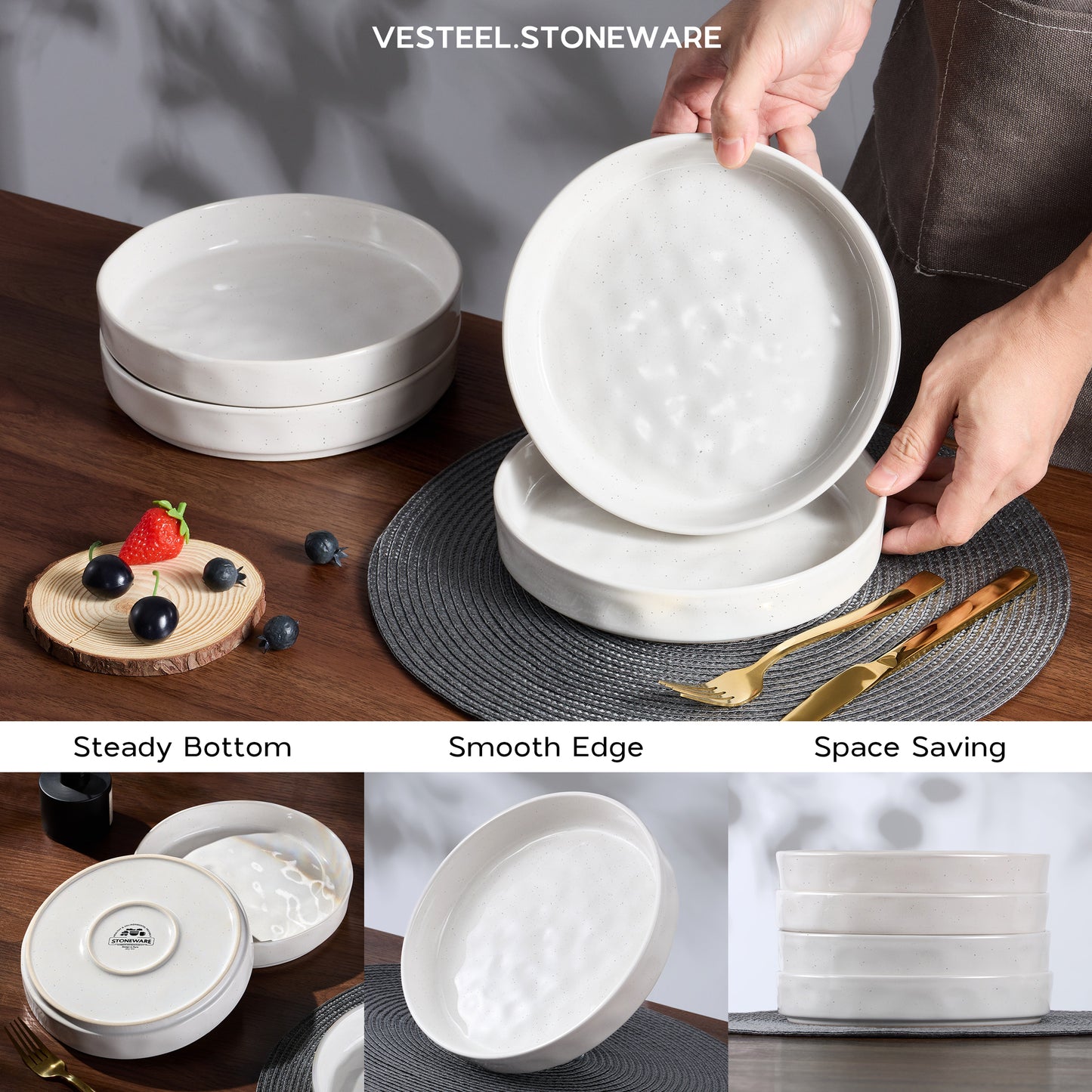 Vesteel Pasta Bowls Set of 4, 30oz Stoneware Salad Bowl, Large Dinner Bowls for Eating Serving Soup Noodle Pasta, Microwave & Dishwasher Safe, Speckled White