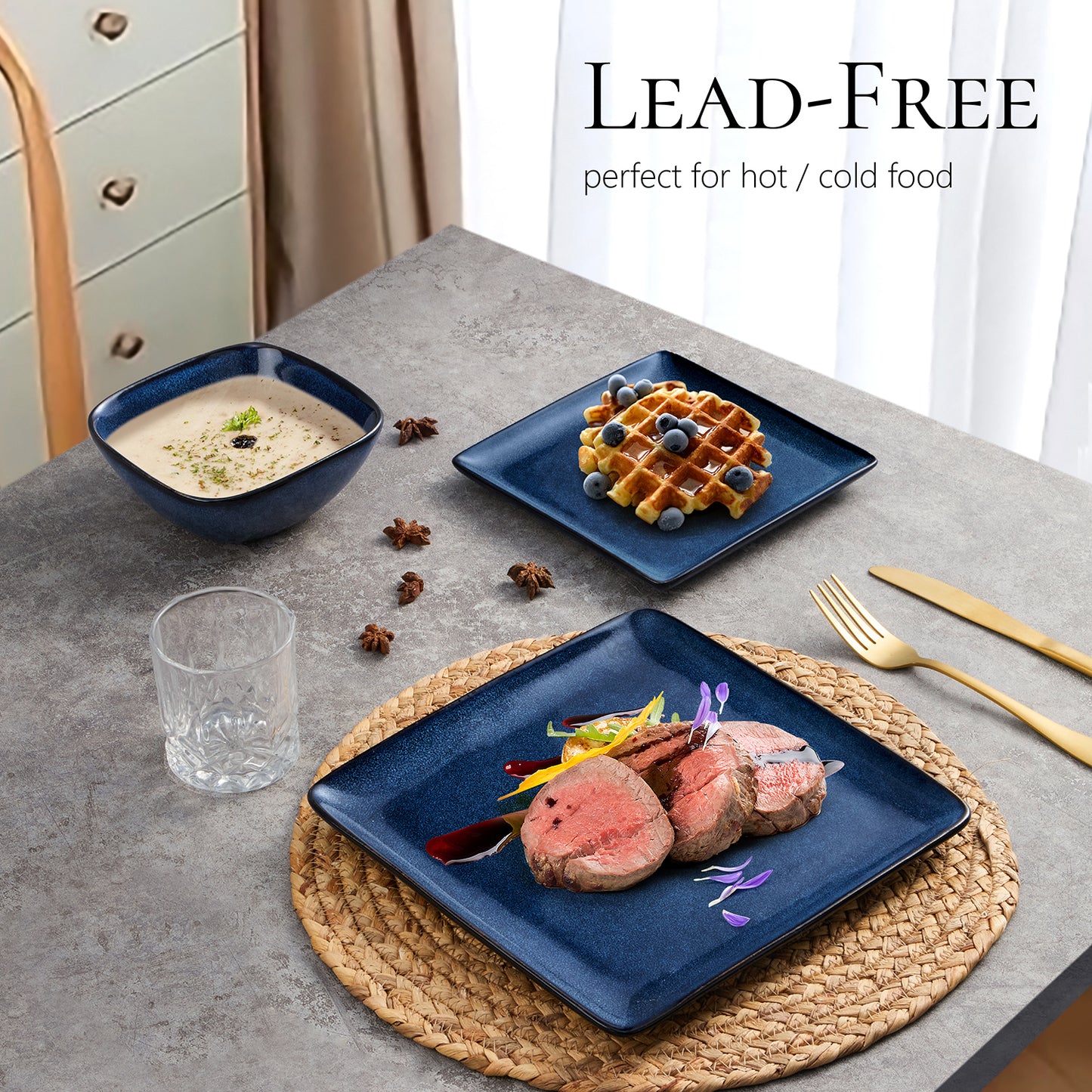 Vesteel 12 Pieces Square Dinnerware Sets, Ceramic Plates and Bowls Sets for 4, Handmade Reactive Glaze Dishes Set for Kitchen Dining, Microwave & Dishwasher Safe, Ocean Blue