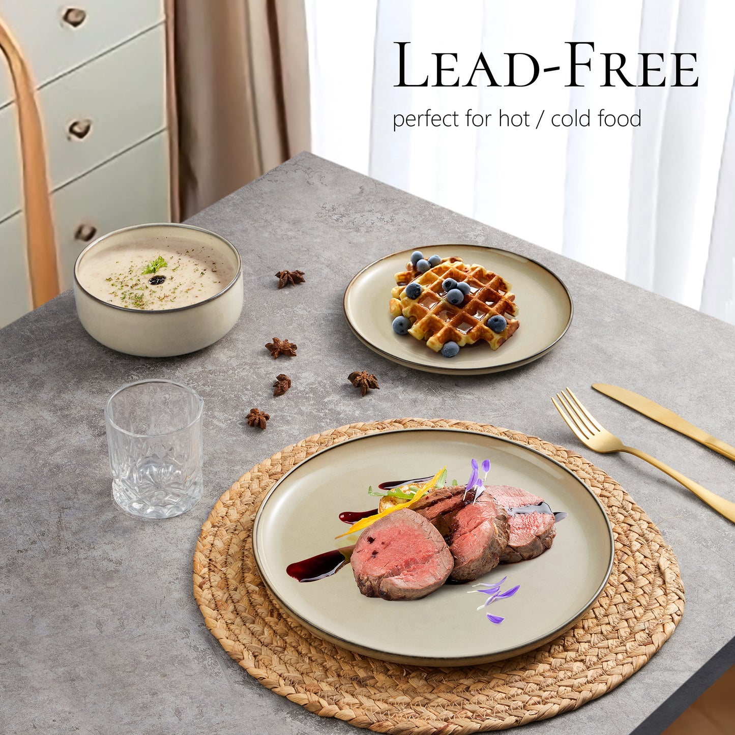 Vesteel Dinnerware Sets for 4, 12-Piece Stoneware Dish and Bowls Set, Handmade Reactive Glaze Coupe Plates Set for Family, Chip & Scratch Resistant - Khaki