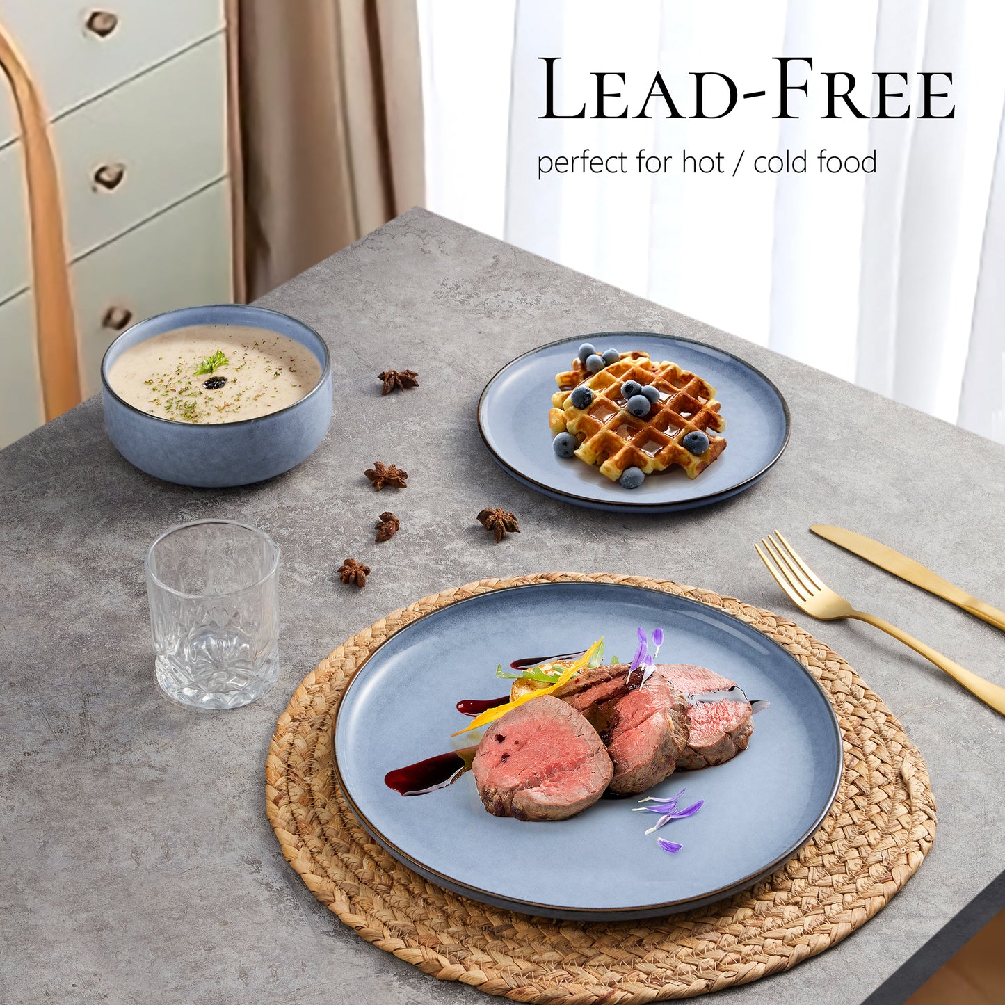 Vesteel Dinnerware Sets for 4, 12-Piece Stoneware Dish and Bowls Set, Handmade Reactive Glaze Coupe Plates Set, Chip & Scratch Resistant - Uranus Blue