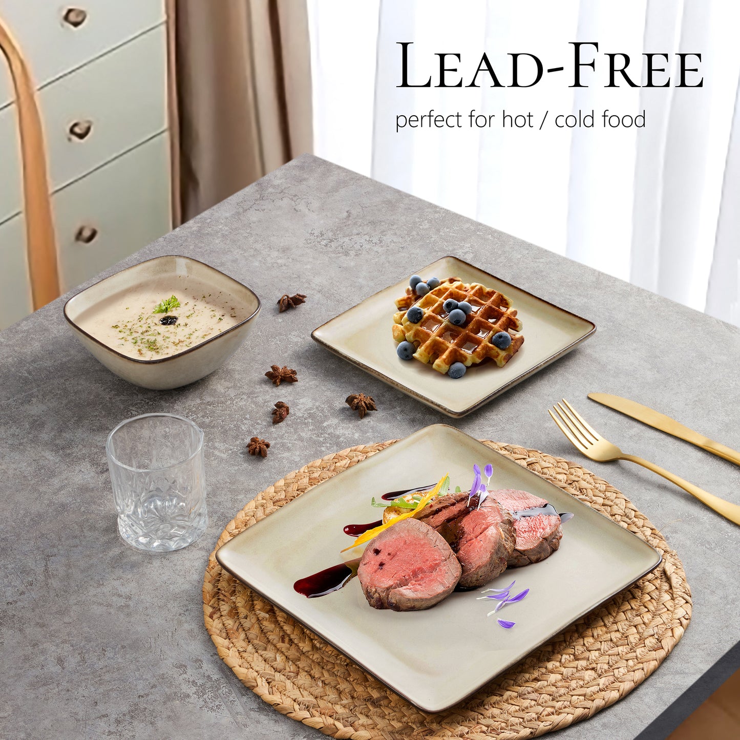 Vesteel 12 Pieces Square Dinnerware Sets, Ceramic Plates and Bowls Sets for 4, Handmade Reactive Glaze Dishes Set for Kitchen Dining, Microwave & Dishwasher Safe, Khaki