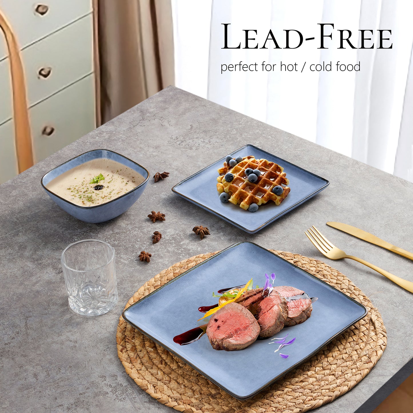 Vesteel Dinnerware Sets for 4, 12-Piece Square Stoneware Dish and Bowls Set, Handmade Reactive Glaze Coupe Plates Set, Chip & Scratch Resistant - Uranus Blue