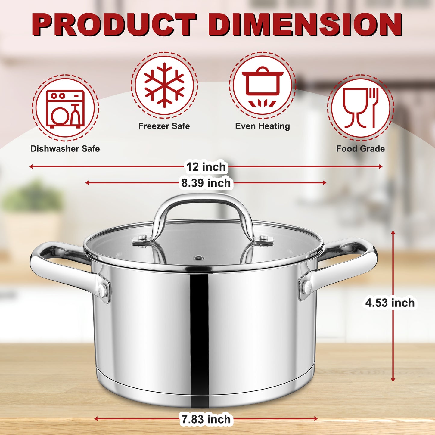 Vesteel 4 QT Stock Pot with Lid, 3 Tri-ply Stainless Steel Cooking Pot for Induction Gas Electric Stove, Stockpot for Cooking Soup Spaghetti, Dishwasher Safe