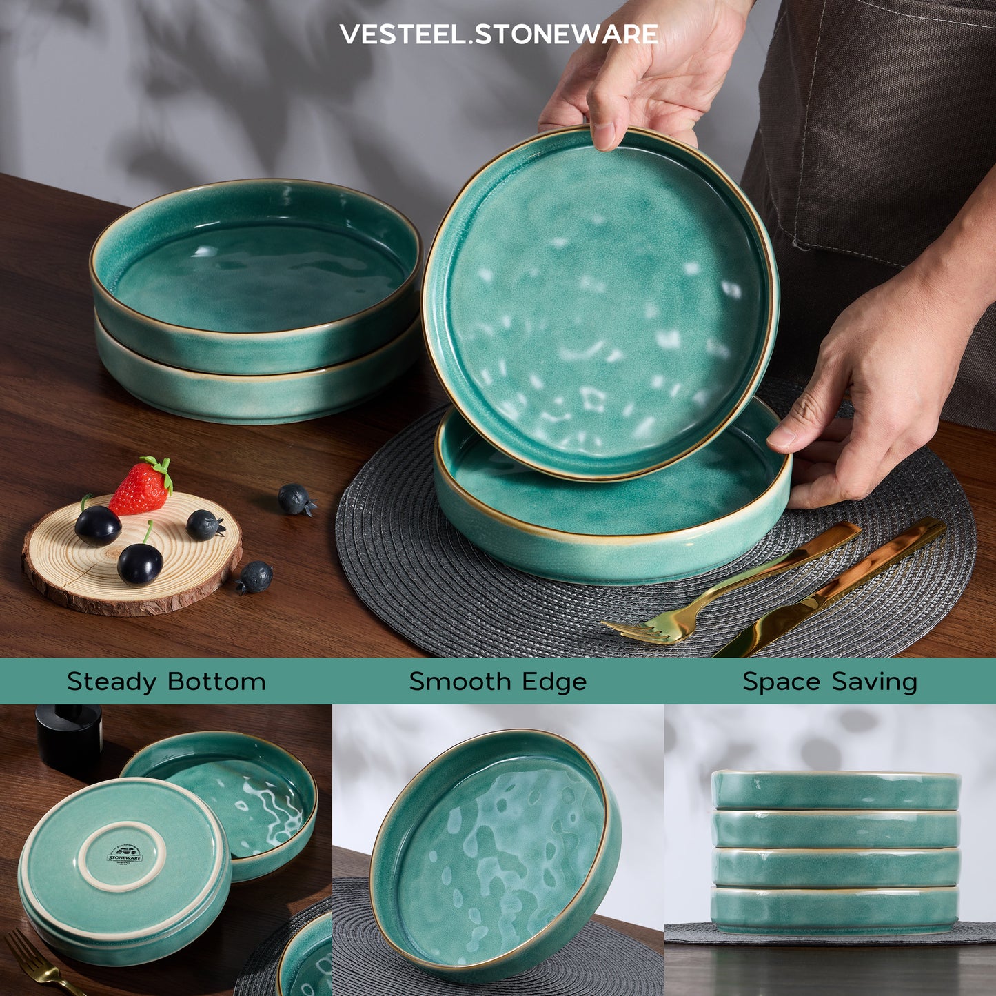 Vesteel Pasta Bowls Set of 4, 30oz Stoneware Salad Bowl, Large Dinner Bowls for Eating Serving Soup Noodle Pasta, Microwave & Dishwasher Safe, Jade Green