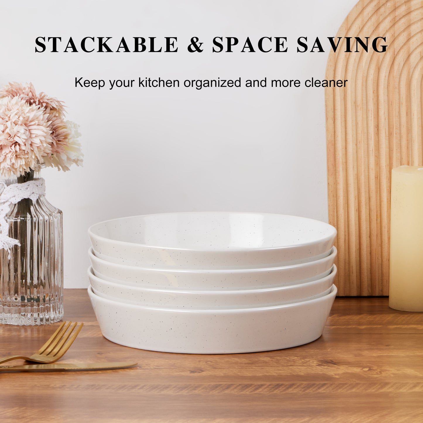Vesteel Pasta Bowls Set of 4, 34oz Salad Plates for Home Kitchen, Stackable Large Wide Ceramic Bowls for Serving Dinner, Microwave & Dishwasher Safe, Speckled White