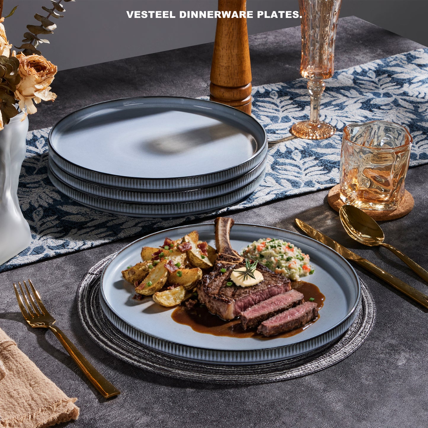 Vesteel 4 Pieces Dinner Plates Set, Premium Stoneware Ribbed Dishes, Chip & Scratch Resistant Ceramic Set for Home Restaurant, Microwave and Dishwasher Safe - Foggy Blue