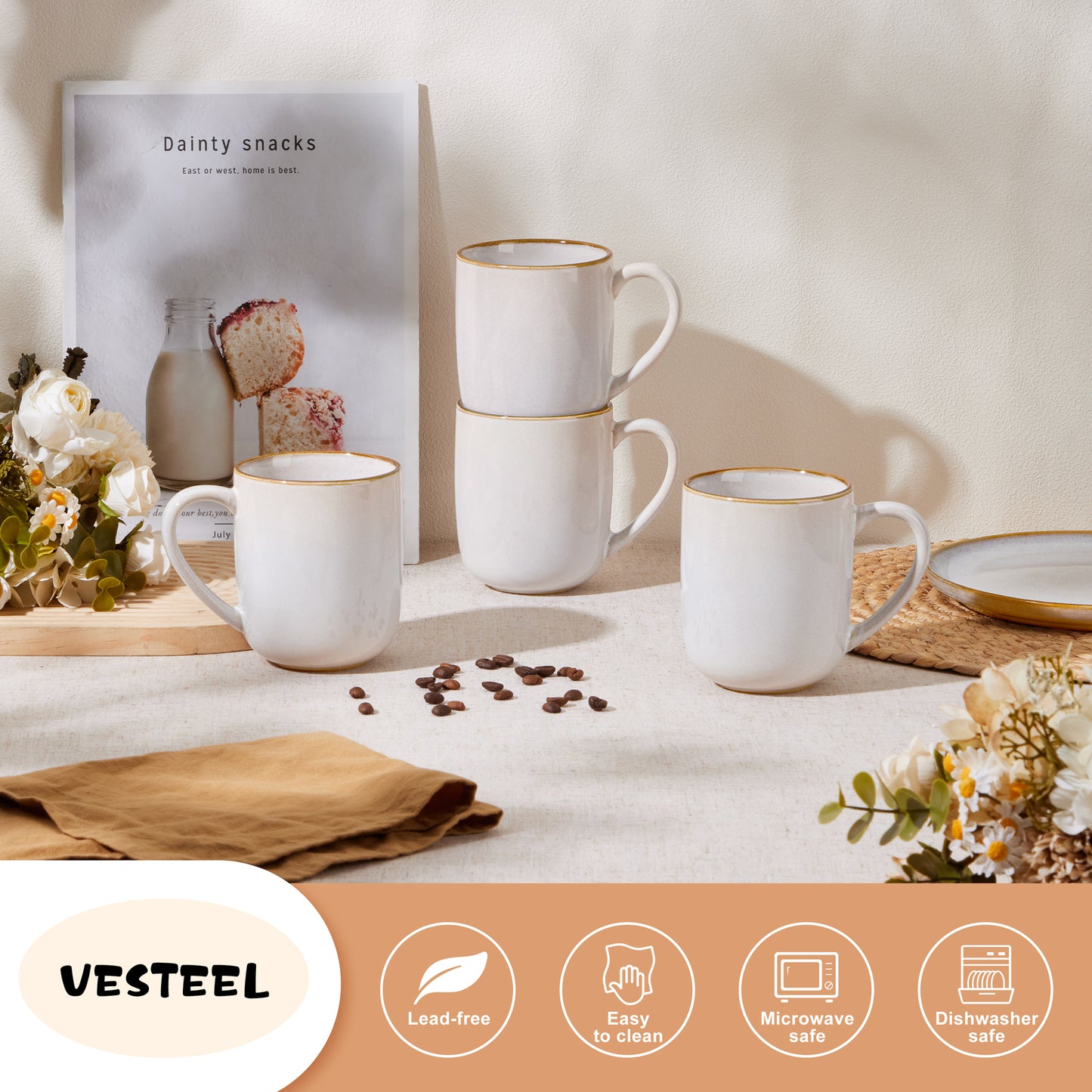 Vesteel Coffee Mug Set of 4, 14oz Ceramic Coffee Cups with Handles, Handmade Reactive Glaze Mugs Set for Tea Milk, Gifts for Man Woman, Seashell White