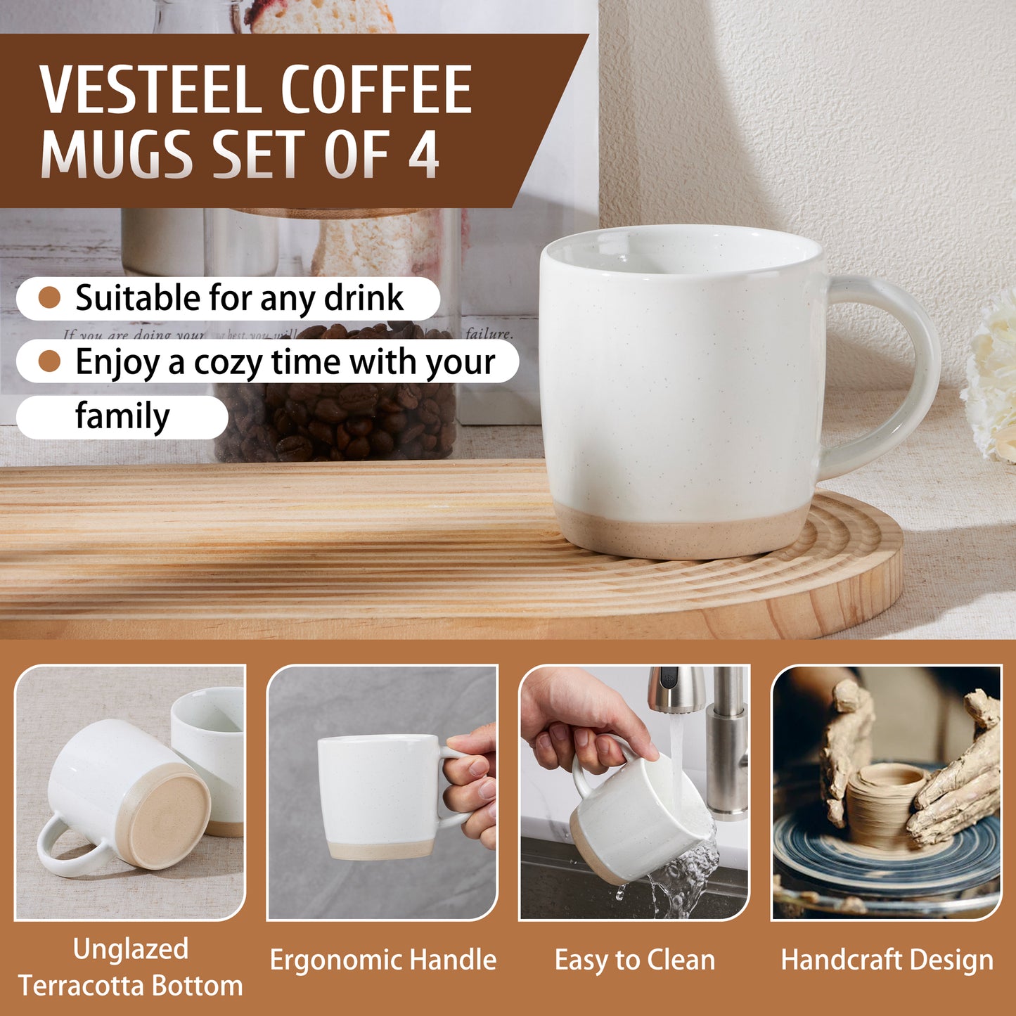 Vesteel Coffee Mugs Set of 4, 12oz Porcelain Coffee Cups with handle, Ceramic Stoneware Mug for Milk, Coffee, Hot Cocoa, Microwave & Dishwasher Safe, Speckled White