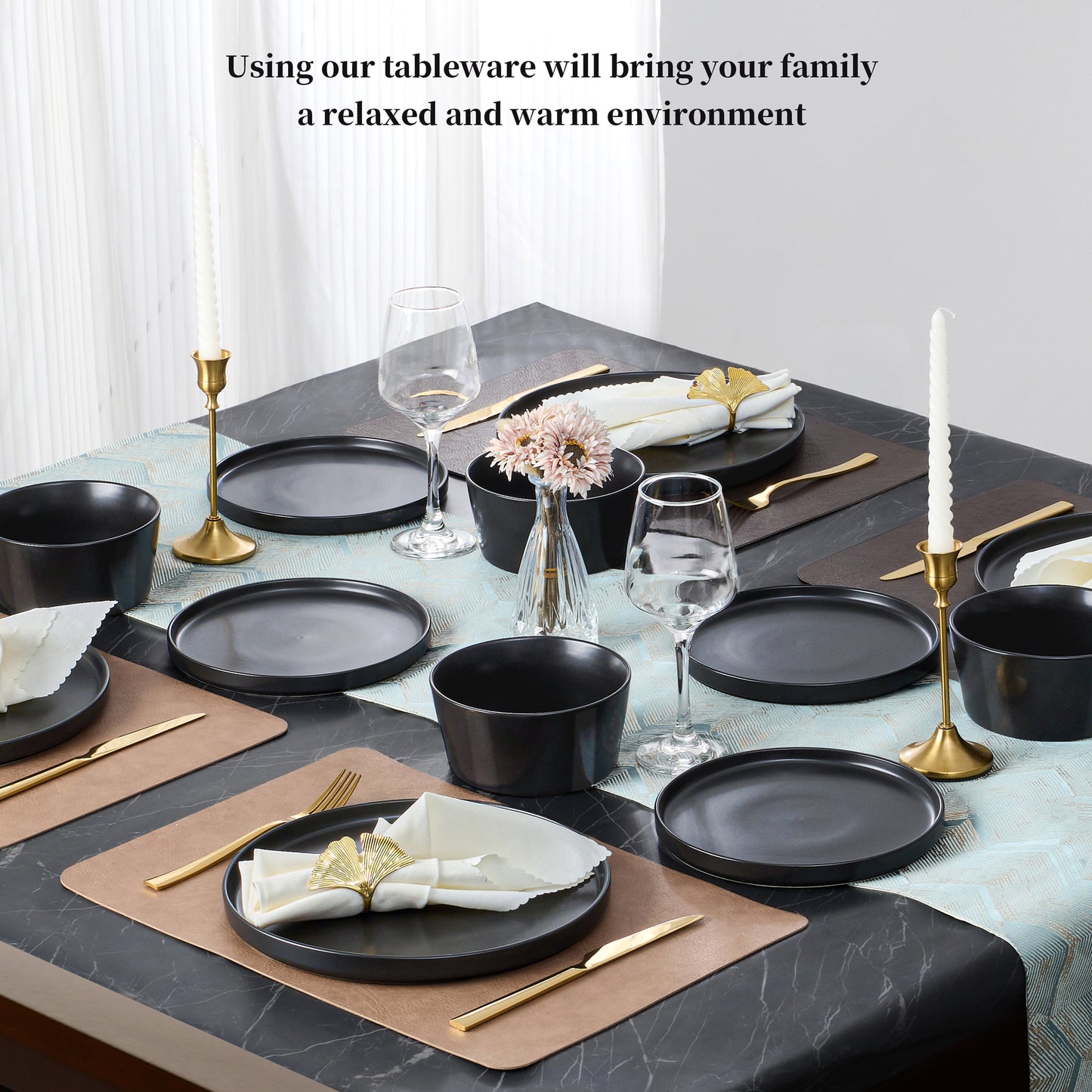 Vesteel Dinnerware Sets for 4, 12Pcs Stoneware Plates and Bowls Set, Elegant Tableware set for Home Restaurant, Chip & Scratch Resistant Dishes Set , Black
