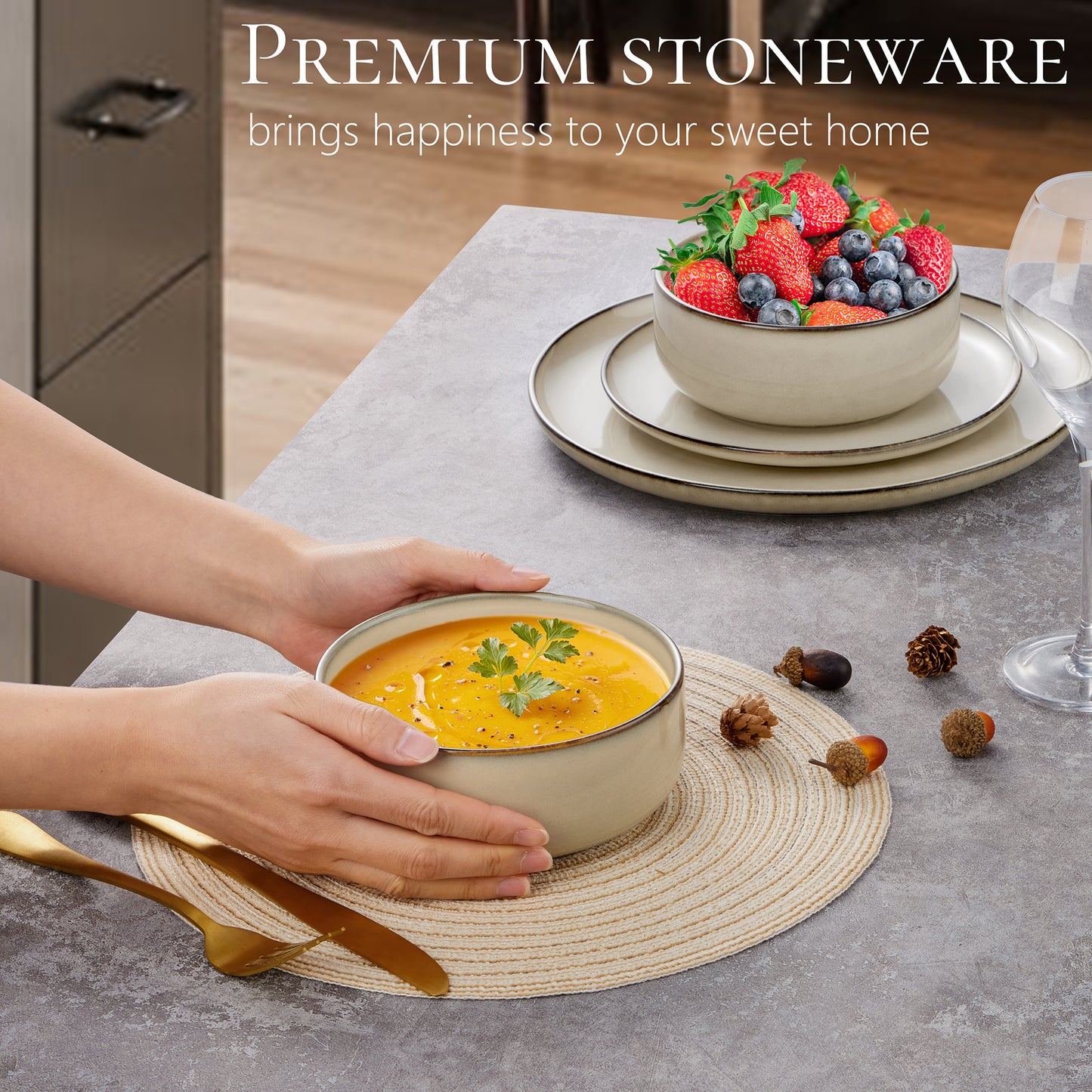 Vesteel Dinnerware Sets for 4, 12-Piece Stoneware Dish and Bowls Set, Handmade Reactive Glaze Coupe Plates Set for Family, Chip & Scratch Resistant - Khaki