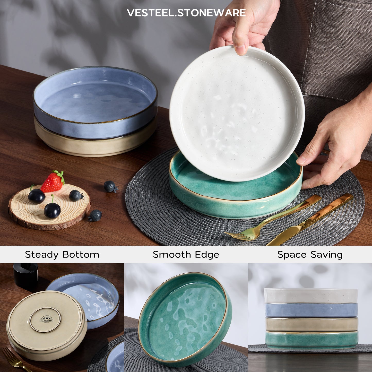 Vesteel Pasta Bowls Set of 4, 30oz Stoneware Salad Bowl, Large Dinner Bowls for Eating Serving Soup Noodle Pasta, Microwave & Dishwasher Safe, Multi-Color