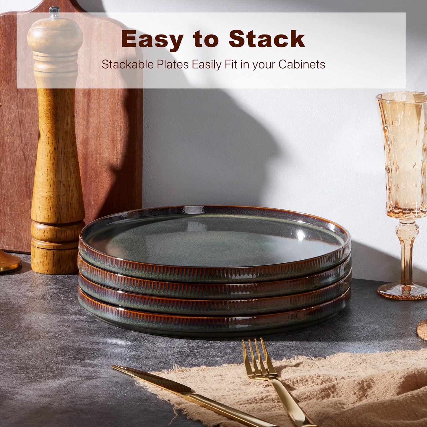 Vesteel 4 Pieces Dinner Plates Set, Premium Stoneware Ribbed Dishes, Chip & Scratch Resistant Ceramic Set for Home Restaurant, Microwave and Dishwasher Safe - Forest Green