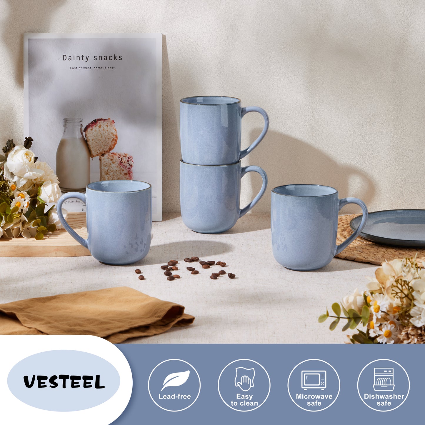 Vesteel Coffee Mug Set of 4, Ceramic Coffee Cups with Handles, 14oz Handmade Reactive Glaze Mugs Set for Coffee Tea Milk, Mug Gifts for Home Office Restaurant, Uranus Blue