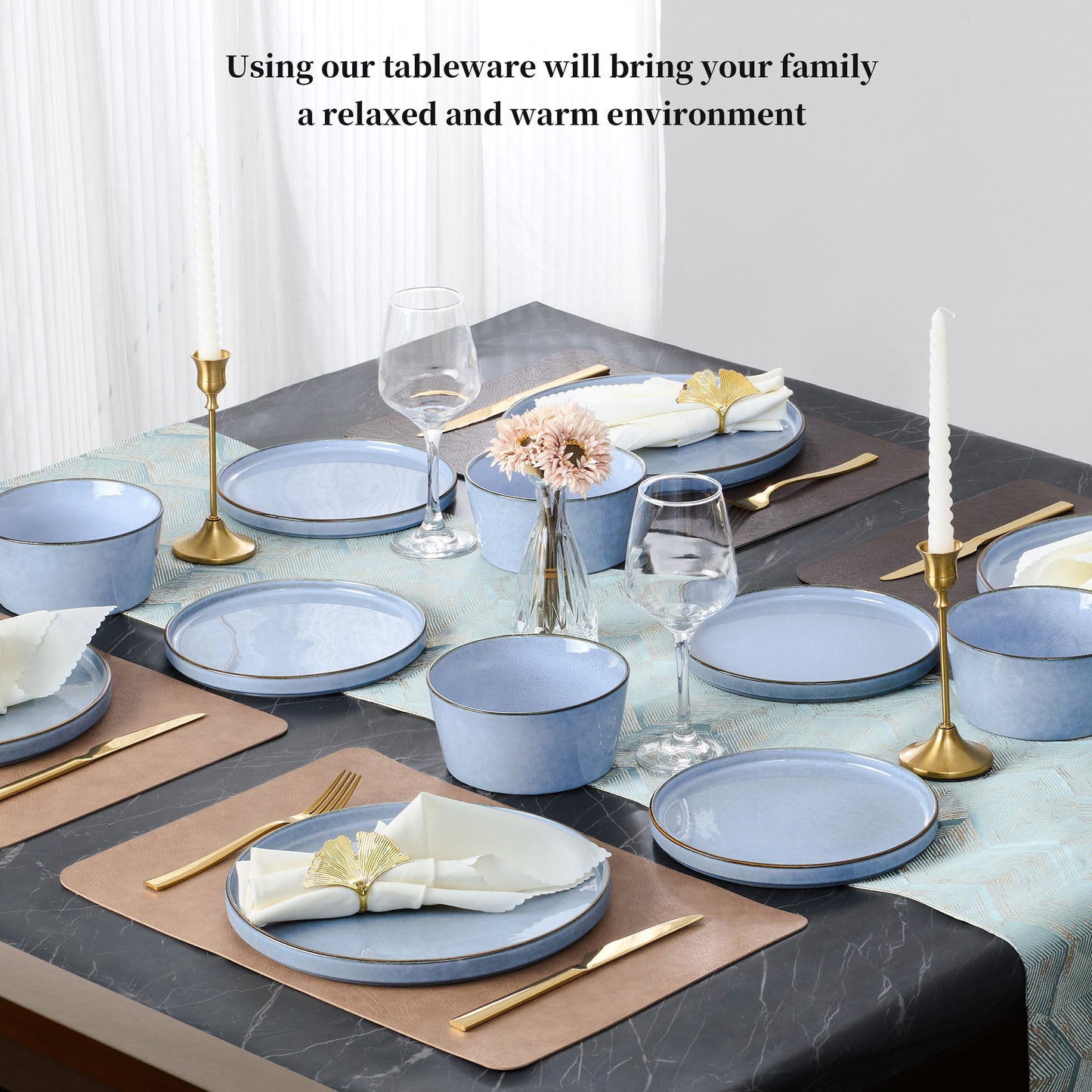 Vesteel 12Pcs Dinnerware Sets, Ceramic Plates and Bowls Sets for 4, Handmade Reactive Glaze Coupe Dishes Set for Kitchen Dining, Microwave, Uranus Blue