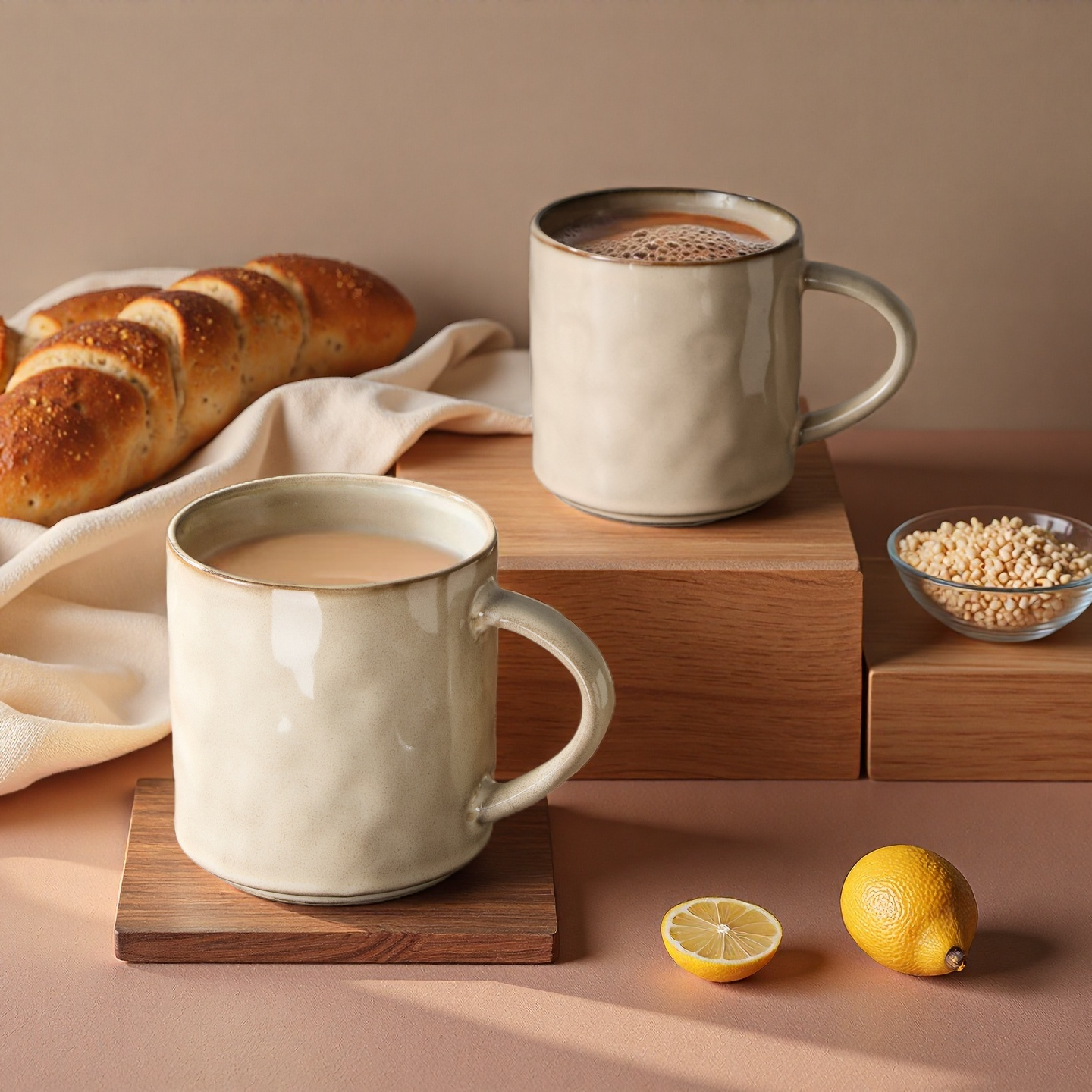 Onader 14OZ Coffee Mugs Set of 4, Stoneware Tea Mug Set with Handle, Ceramic Cups for Latte/Cocoa/Cappuccino, Dishwasher & Microwave Safe - Khaki