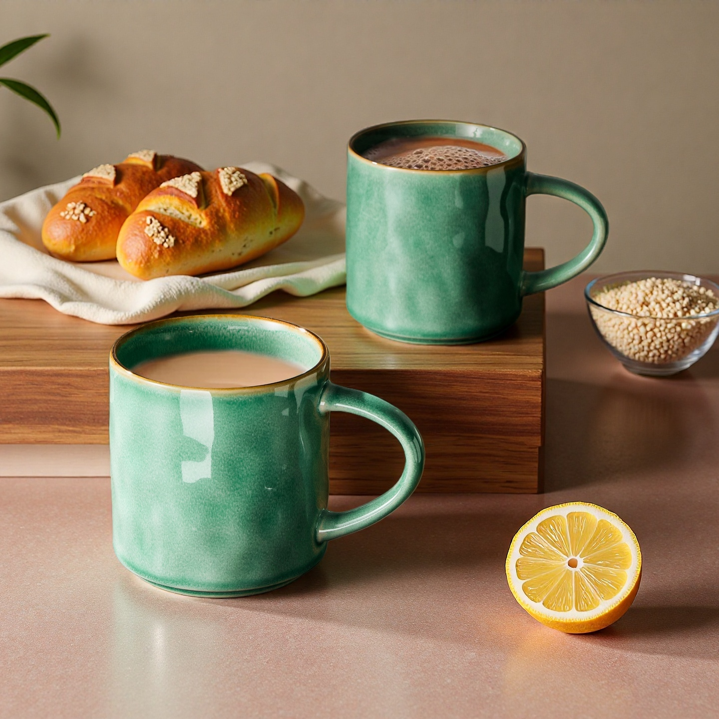 Onader 14OZ Coffee Mugs Set of 4, Stoneware Tea Mug Set with Handle, Ceramic Cups for Latte/Cocoa/Cappuccino, Dishwasher & Microwave Safe - Reactive Green