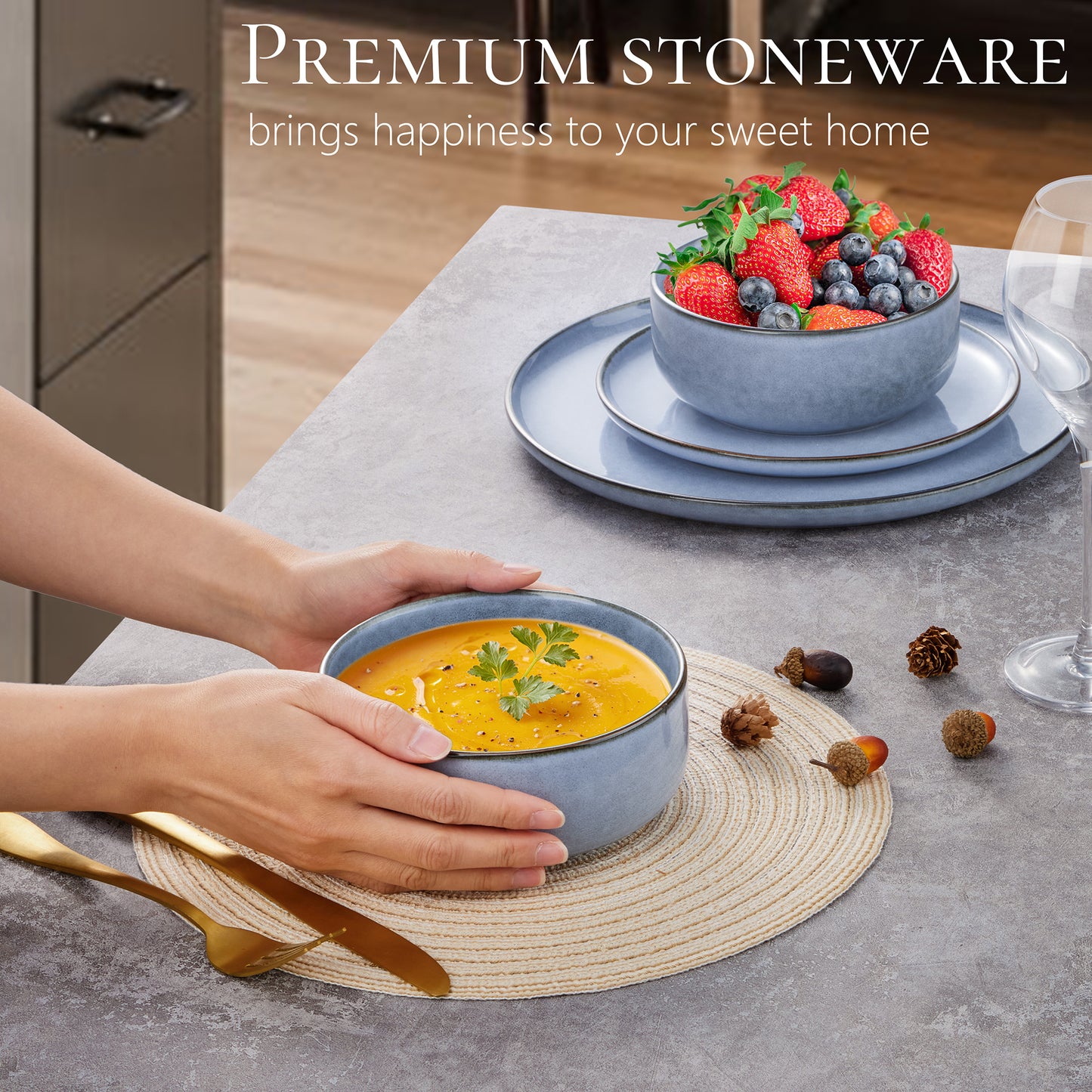 Vesteel Dinnerware Sets for 4, 12-Piece Stoneware Dish and Bowls Set, Handmade Reactive Glaze Coupe Plates Set, Chip & Scratch Resistant - Uranus Blue