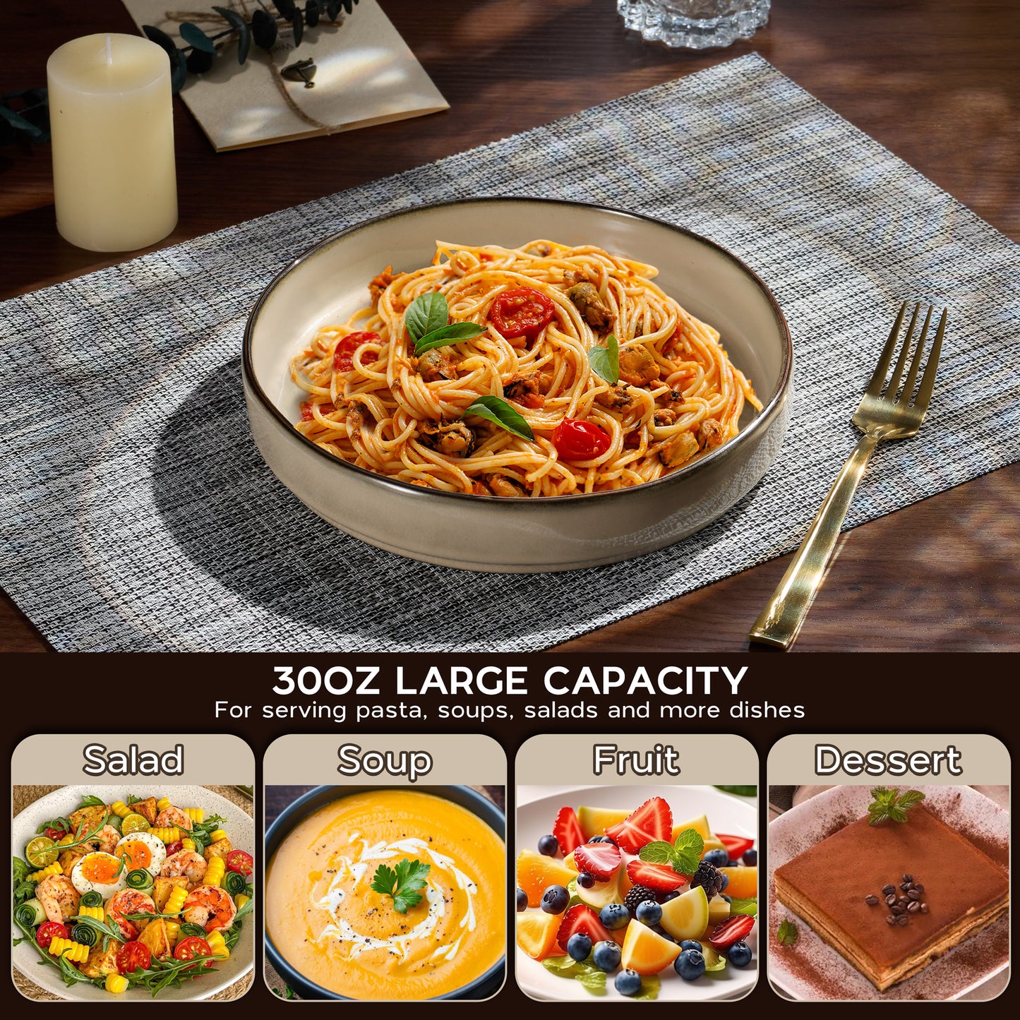 Vesteel Pasta Bowls Set of 4, 30oz Stoneware Salad Bowl, Large Dinner Bowls for Eating Serving Soup Noodle Pasta, Microwave & Dishwasher Safe, Khaki