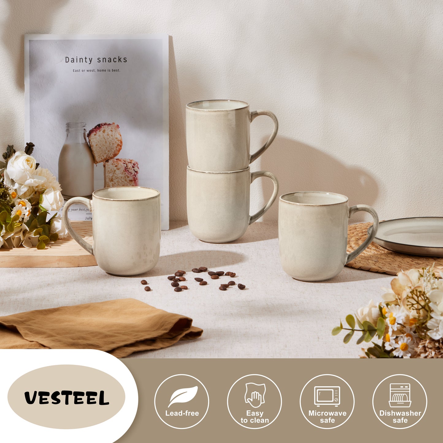 Vesteel Coffee Mug Set of 4, Ceramic Coffee Cups with Handles, 14oz Handmade Reactive Glaze Mugs Set for Coffee Tea Milk, Mug Gifts for Thanksgiving Day Anniversary, Khaki