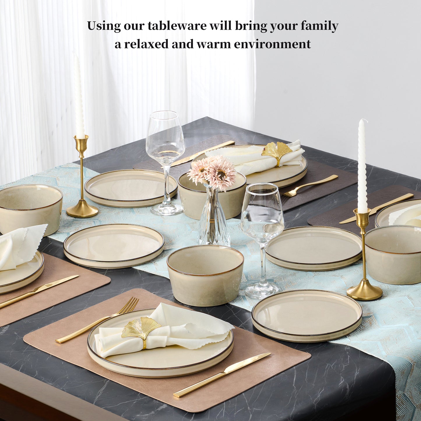Vesteel Dinnerware Sets for 4, 12-Pieces Ceramic Plates and Bowls Sets, Handmade Reactive Glaze Dishes Set for Kitchen Dining, Dishwasher Safe, Khaki