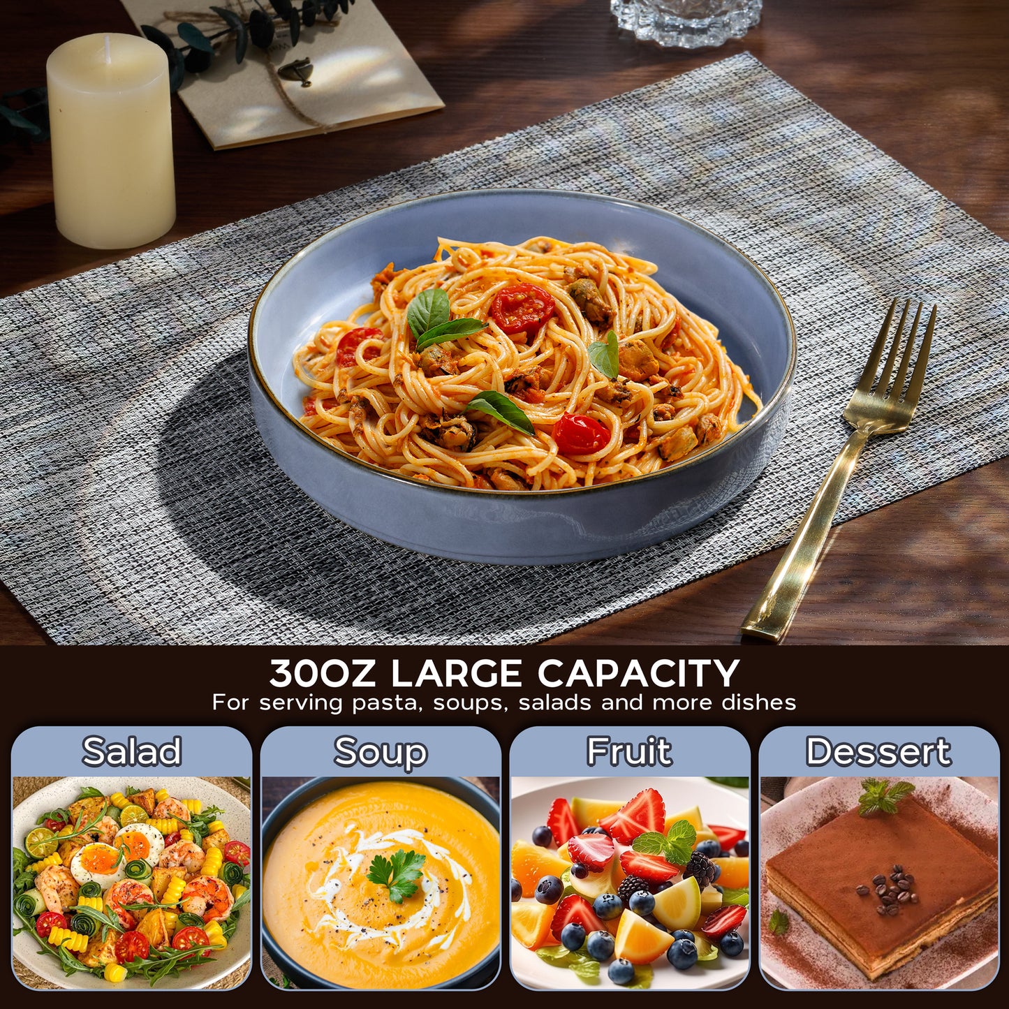 Vesteel Pasta Bowls Set of 4, 30oz Stoneware Salad Bowl, Large Dinner Bowls for Eating Serving Soup Noodle Pasta, Microwave & Dishwasher Safe, Uranus Blue
