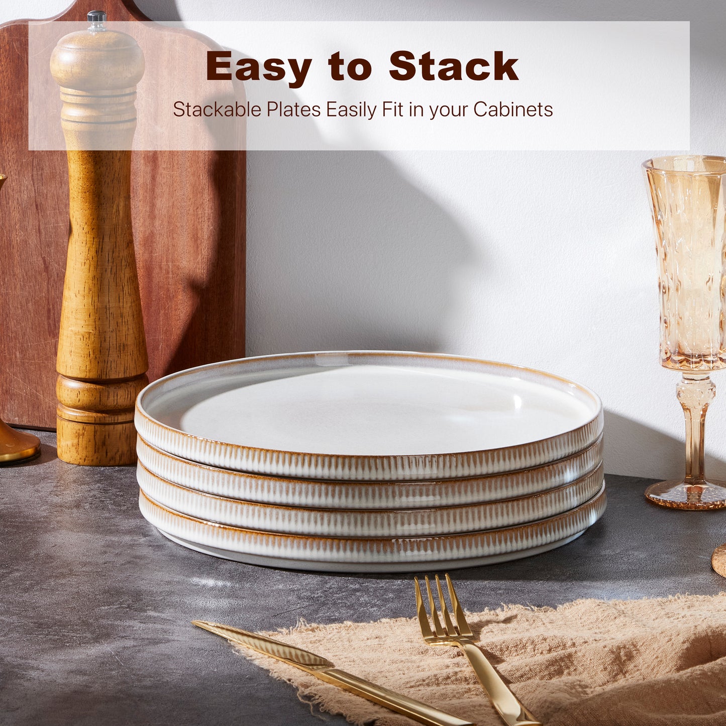 Vesteel 4 Pieces Dinner Plates Set, Premium Stoneware Ribbed Dishes, Chip & Scratch Resistant Ceramic Set for Home Restaurant, Microwave and Dishwasher Safe - Seashell White
