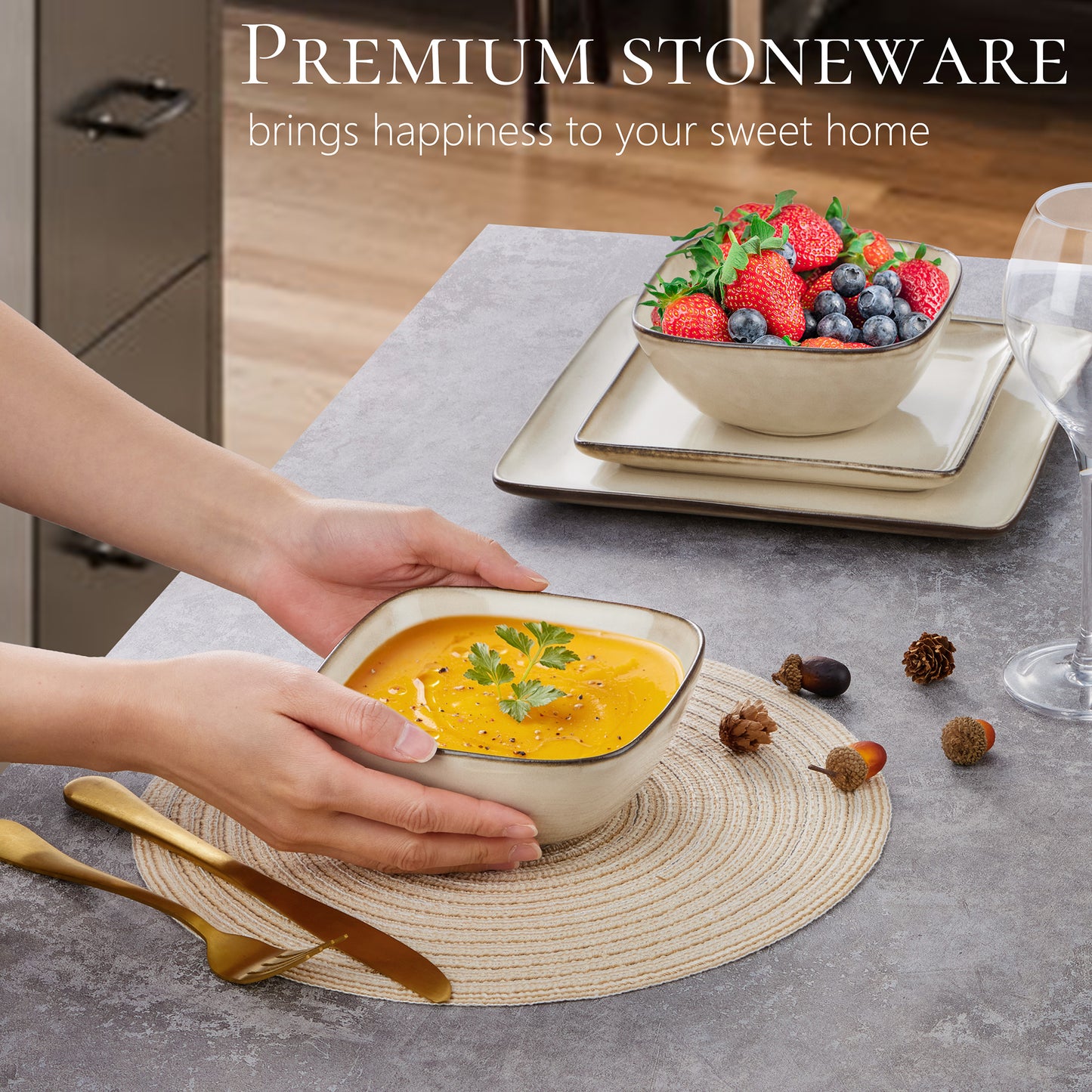 Vesteel 12 Pieces Square Dinnerware Sets, Ceramic Plates and Bowls Sets for 4, Handmade Reactive Glaze Dishes Set for Kitchen Dining, Microwave & Dishwasher Safe, Khaki