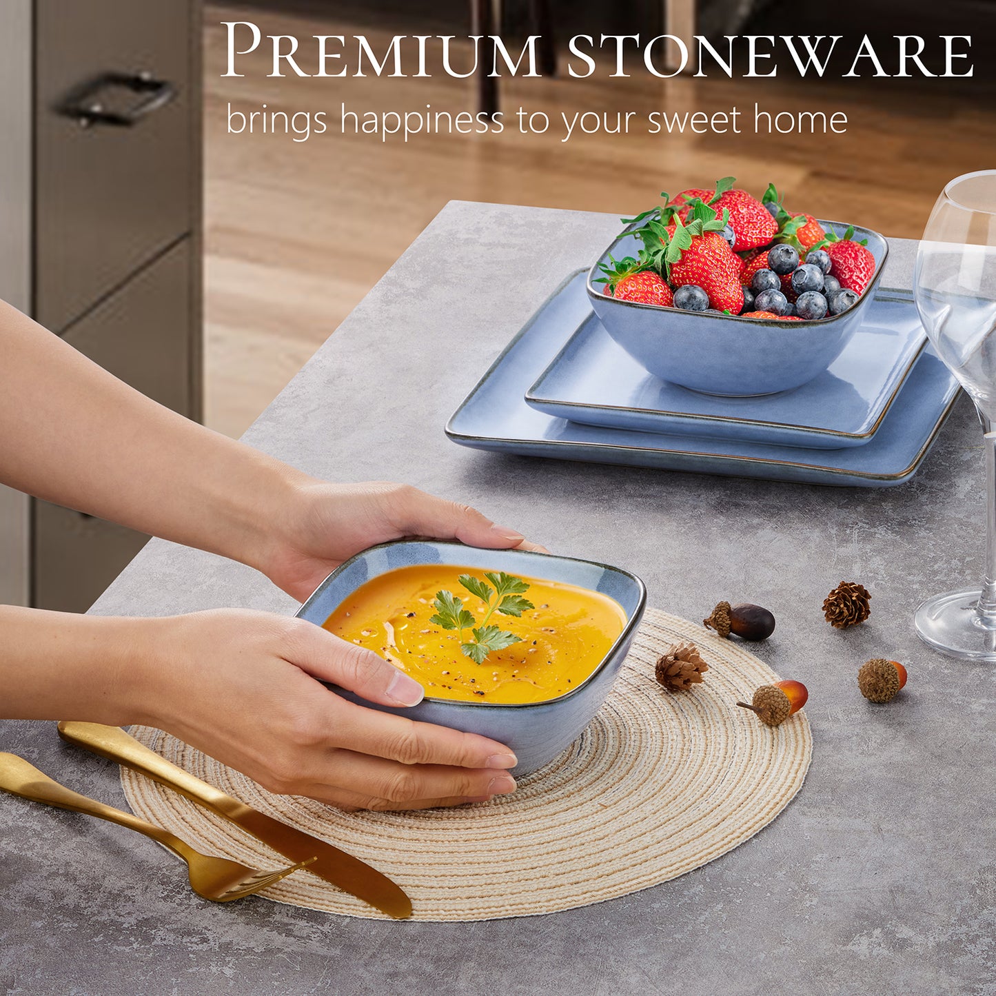 Vesteel Dinnerware Sets for 4, 12-Piece Square Stoneware Dish and Bowls Set, Handmade Reactive Glaze Coupe Plates Set, Chip & Scratch Resistant - Uranus Blue