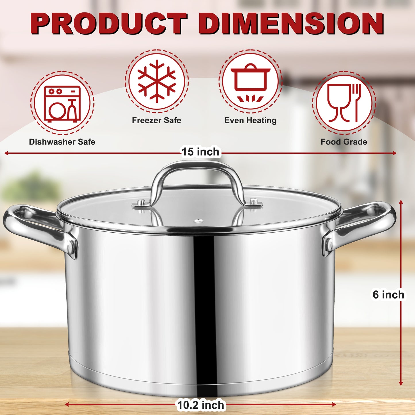 Vesteel 8 QT Stock Pot with Lid, 3 Tri-ply Stainless Steel Cooking Pot for Induction Gas Electric Stove, Stockpot for Cooking Soup Spaghetti, Dishwasher Safe