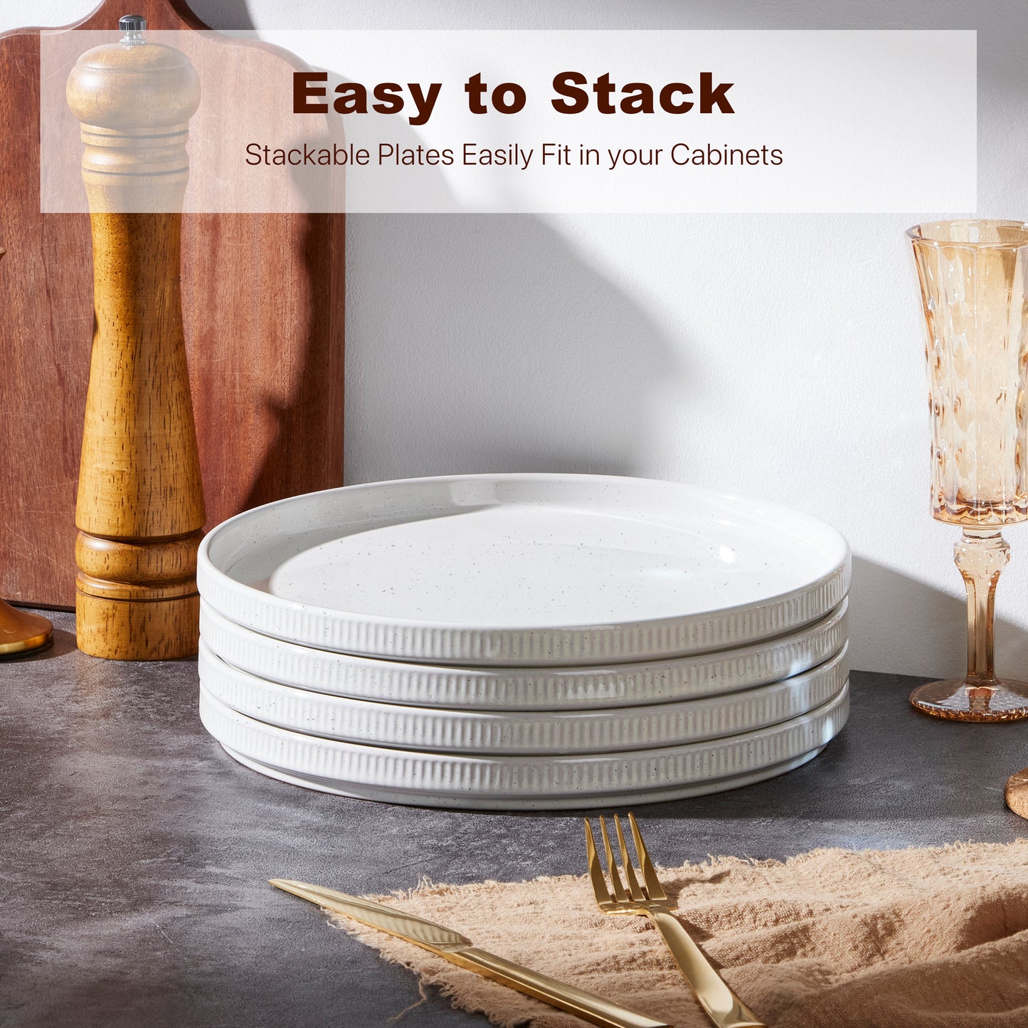 Vesteel 4 Pieces Dinner Plates Set, Premium Stoneware Ribbed Dishes, Chip & Scratch Resistant Ceramic Set for Home Restaurant, Microwave and Dishwasher Safe - Speckled White