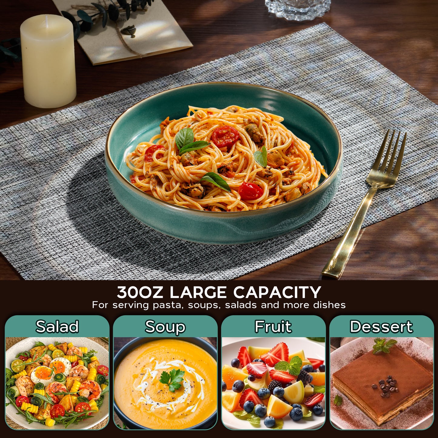 Vesteel Pasta Bowls Set of 4, 30oz Stoneware Salad Bowl, Large Dinner Bowls for Eating Serving Soup Noodle Pasta, Microwave & Dishwasher Safe, Jade Green