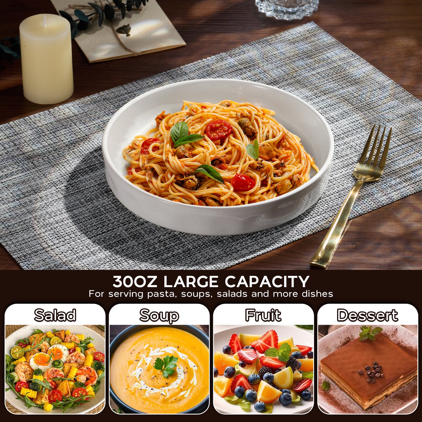 Vesteel Pasta Bowls Set of 4, 30oz Stoneware Salad Bowl, Large Dinner Bowls for Eating Serving Soup Noodle Pasta, Microwave & Dishwasher Safe, Speckled White