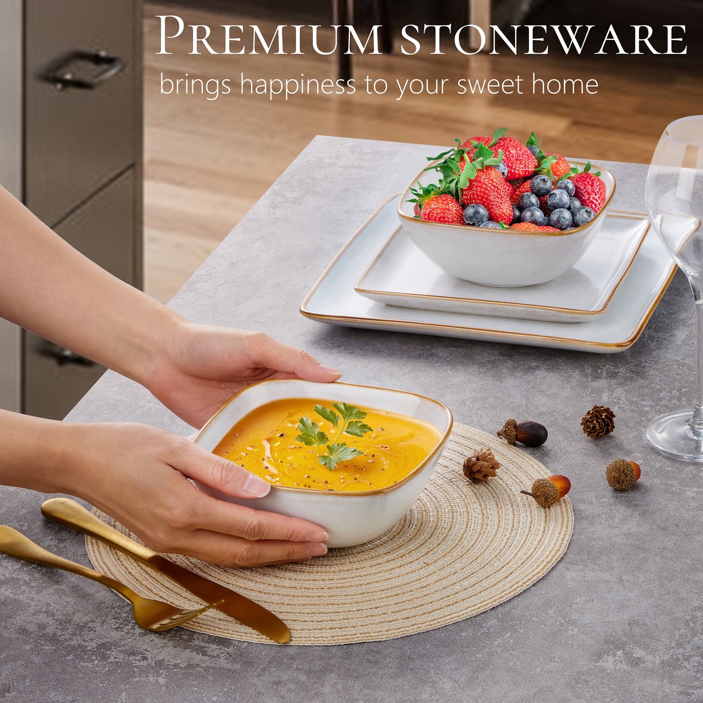 Vesteel Square Dinnerware Sets for 4, 12-Piece Stoneware Dish and Bowls Set, Handmade Reactive Glaze Coupe Plates Set, Chip & Scratch Resistant - Seashell White