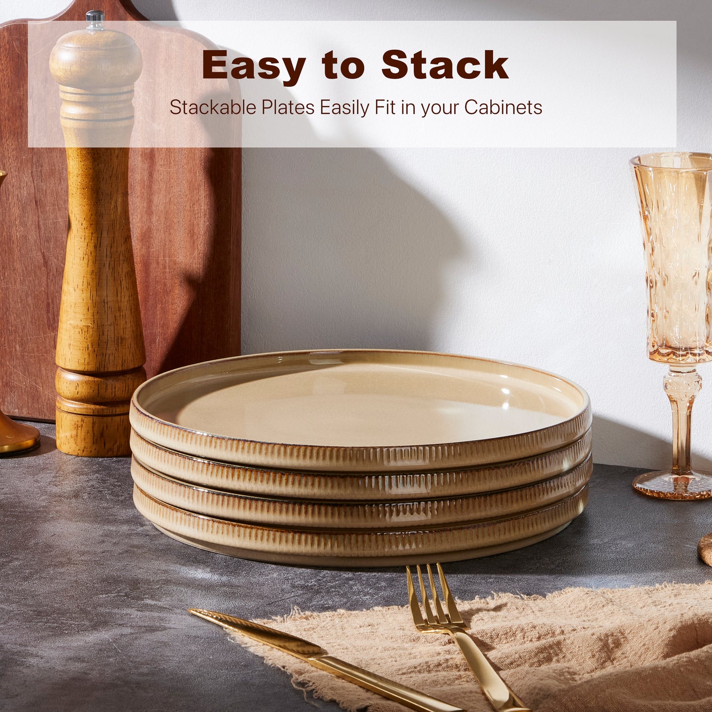 Vesteel 4 Pieces Dinner Plates Set, Premium Stoneware Ribbed Dishes, Chip & Scratch Resistant Ceramic Set for Home Restaurant, Microwave and Dishwasher Safe - Khaki