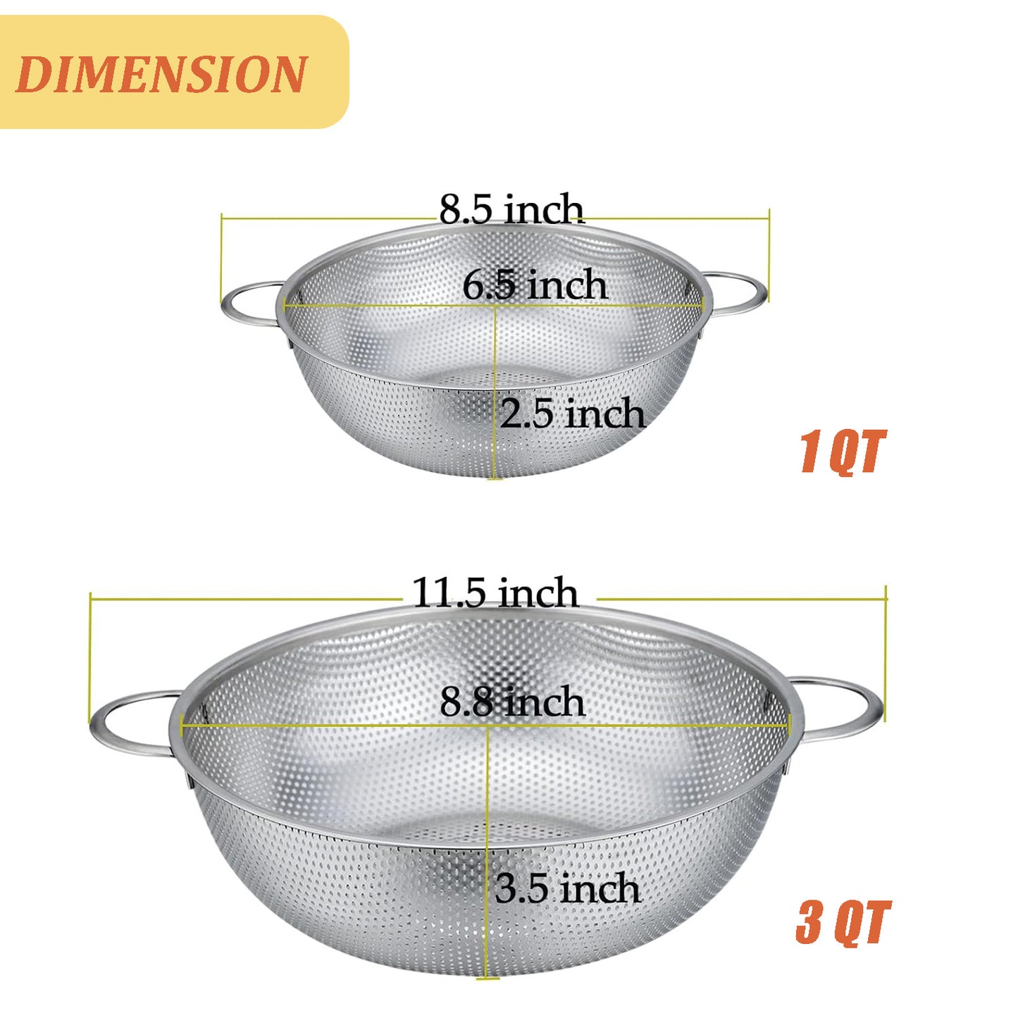 VeSteel Colander Set of 2, Stainless Steel Micro-Perforated Colanders Strainers for Draining Rinsing Washing, Ideal for Pasta Vegetables Fruits, Heavy Duty & Dishwasher Safe - 1/3 Quart