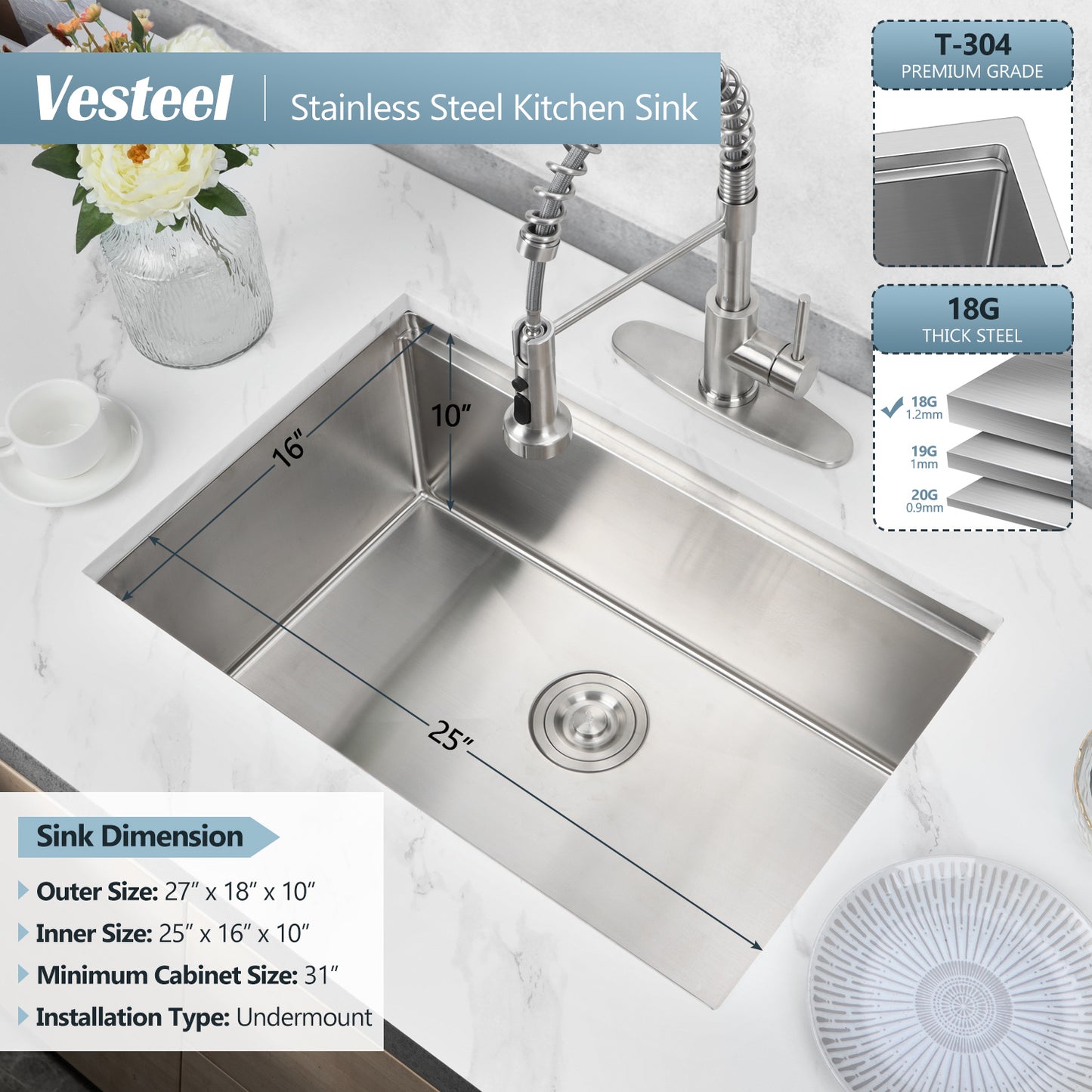 Vesteel 27” x 18” Kitchen Sink, Stainless Steel Undermount Sink for Kitchen Single Bowl Workstation Sink, 4 Sink Accessories Include