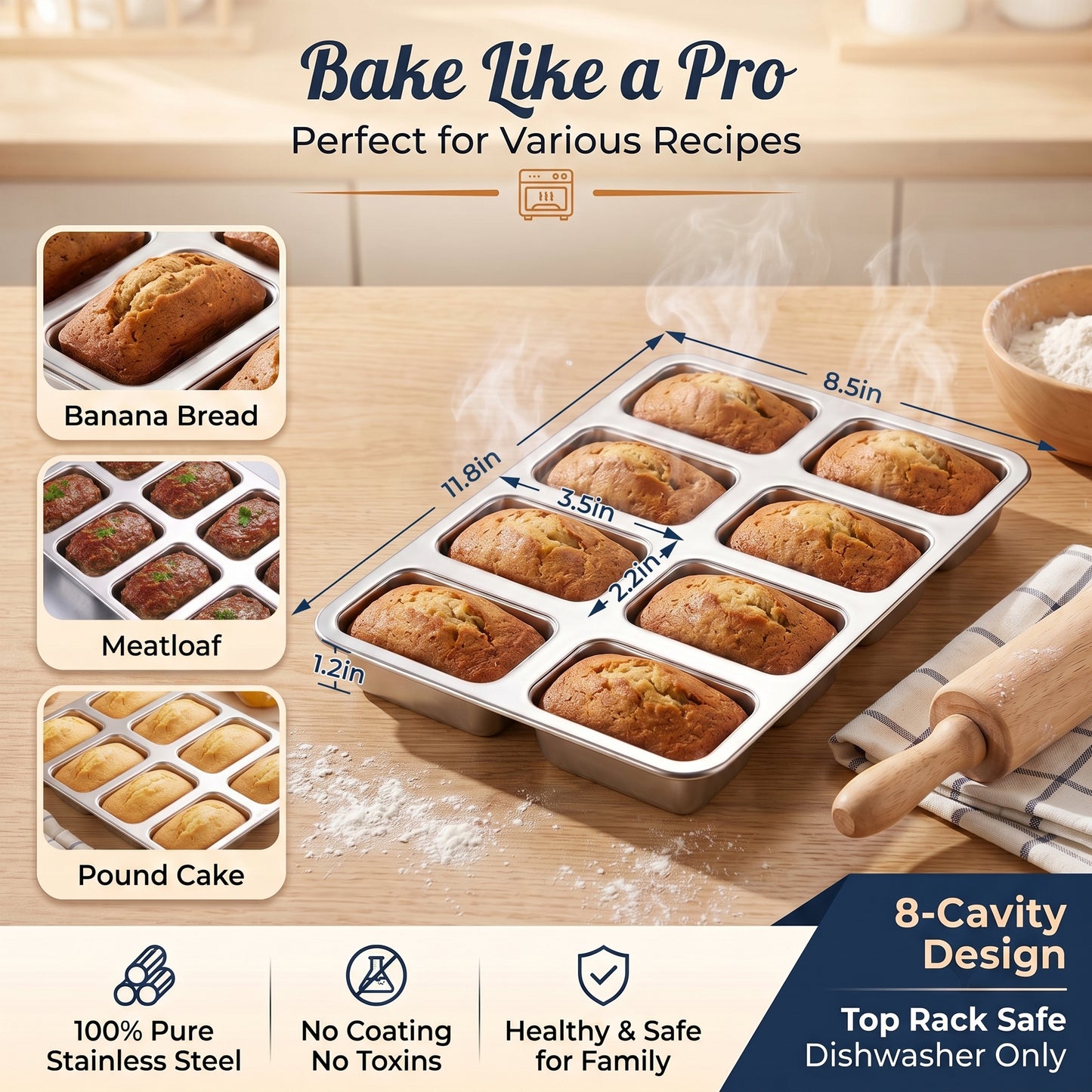 Vesteel Stainless Steel Mini Loaf Pan, 8-Cavity Small Bread Pan for Oven Baking, Rectangular Tiny Brownie Tin for Homemade Bread Cornbread, 11.8” X 8.5” X 1.2”, Dishwasher Safe