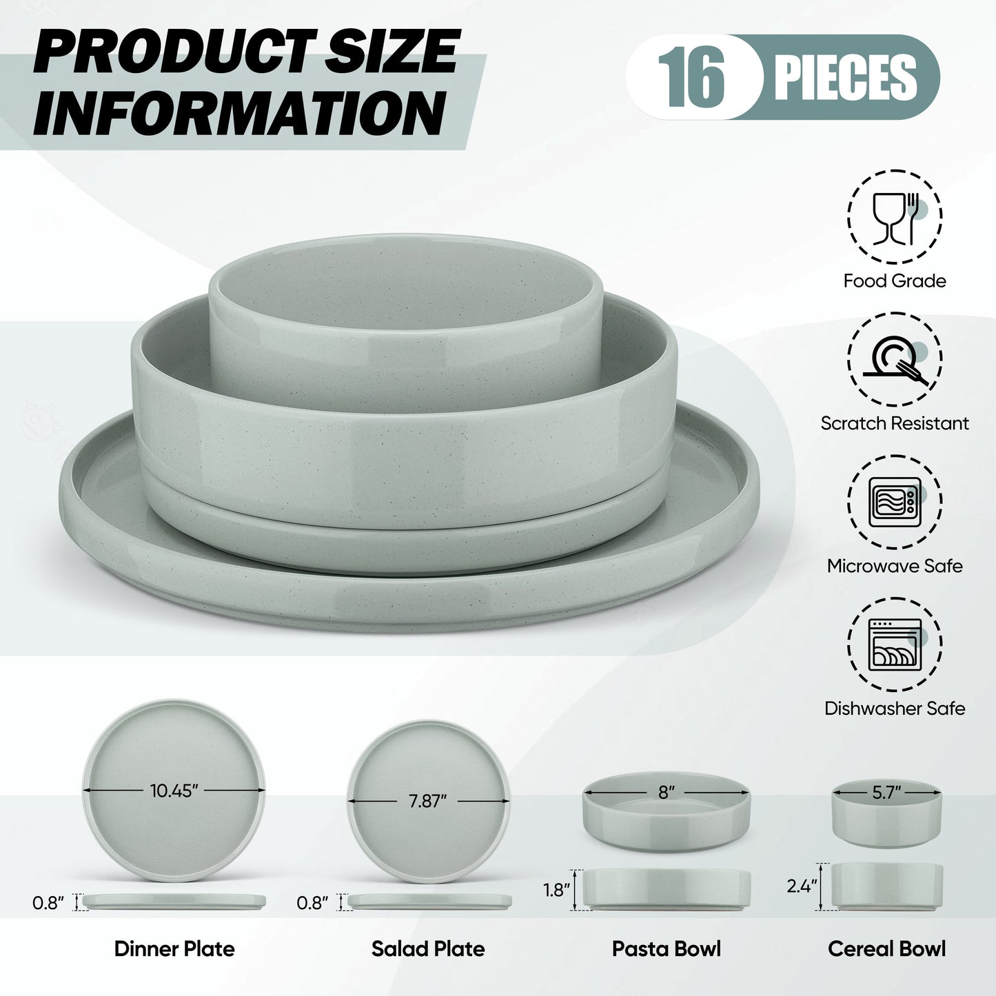 Vesteel 16 Pieces Dinnerware Sets, Premium Stoneware Dishes Set for 4, Speckled Plates and Bowls Set for Home Restaurant, Microwave and Dishwasher Safe - Mist Grey
